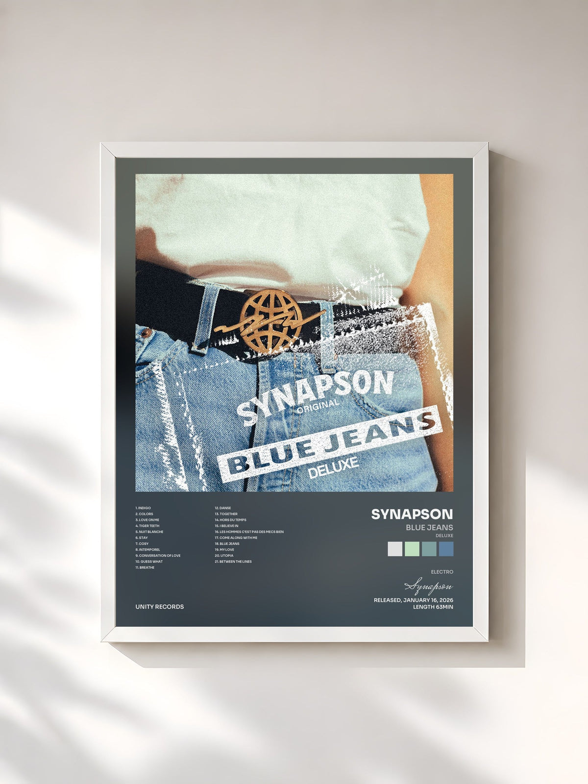 #blanc Blue Jeans (Deluxe) by Synapson as a framed art print, white frame, printed and framed in France