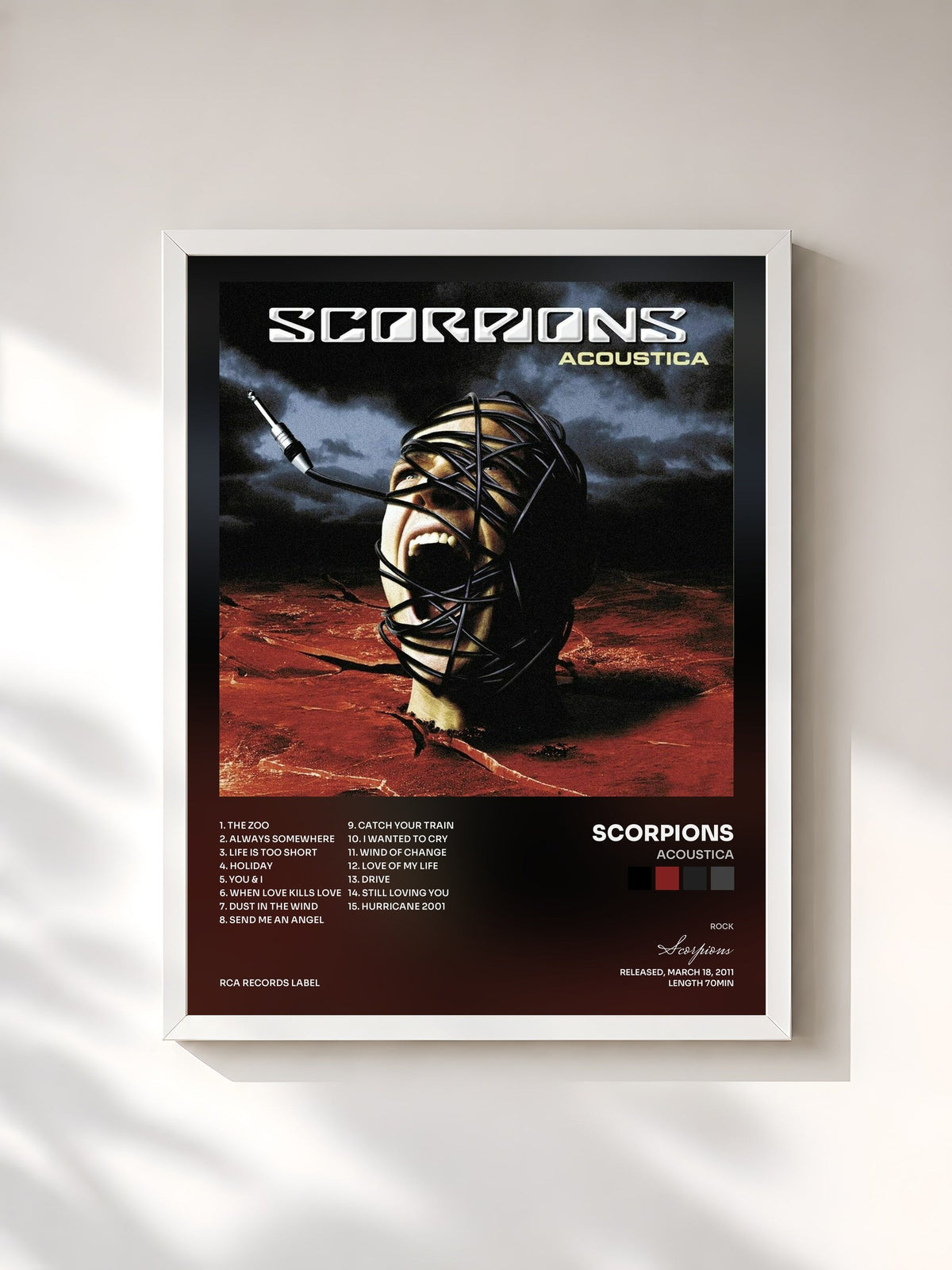 #blanc Tableau de l'album Acoustica de Scorpions, cadre blanc, imprimé et encadré en France