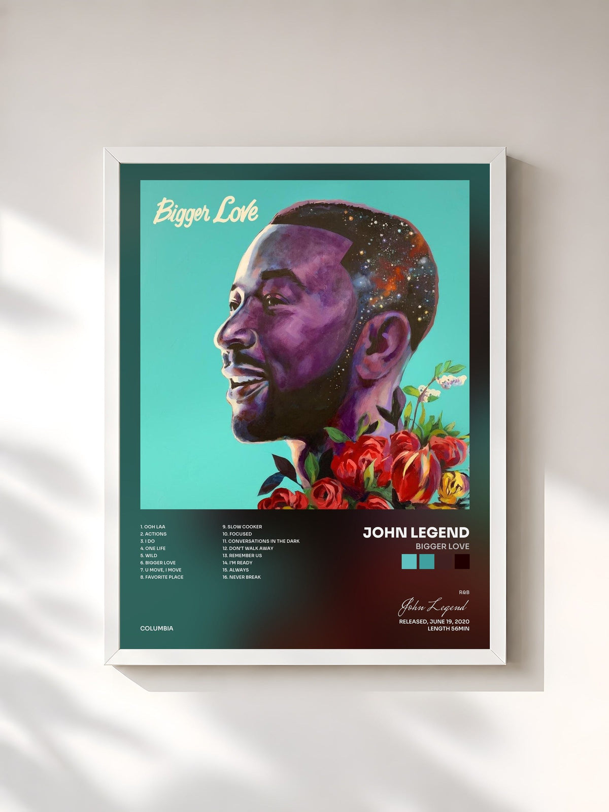 #blanc Tableau de l'album Bigger Love de John Legend, cadre blanc, imprimé et encadré en France