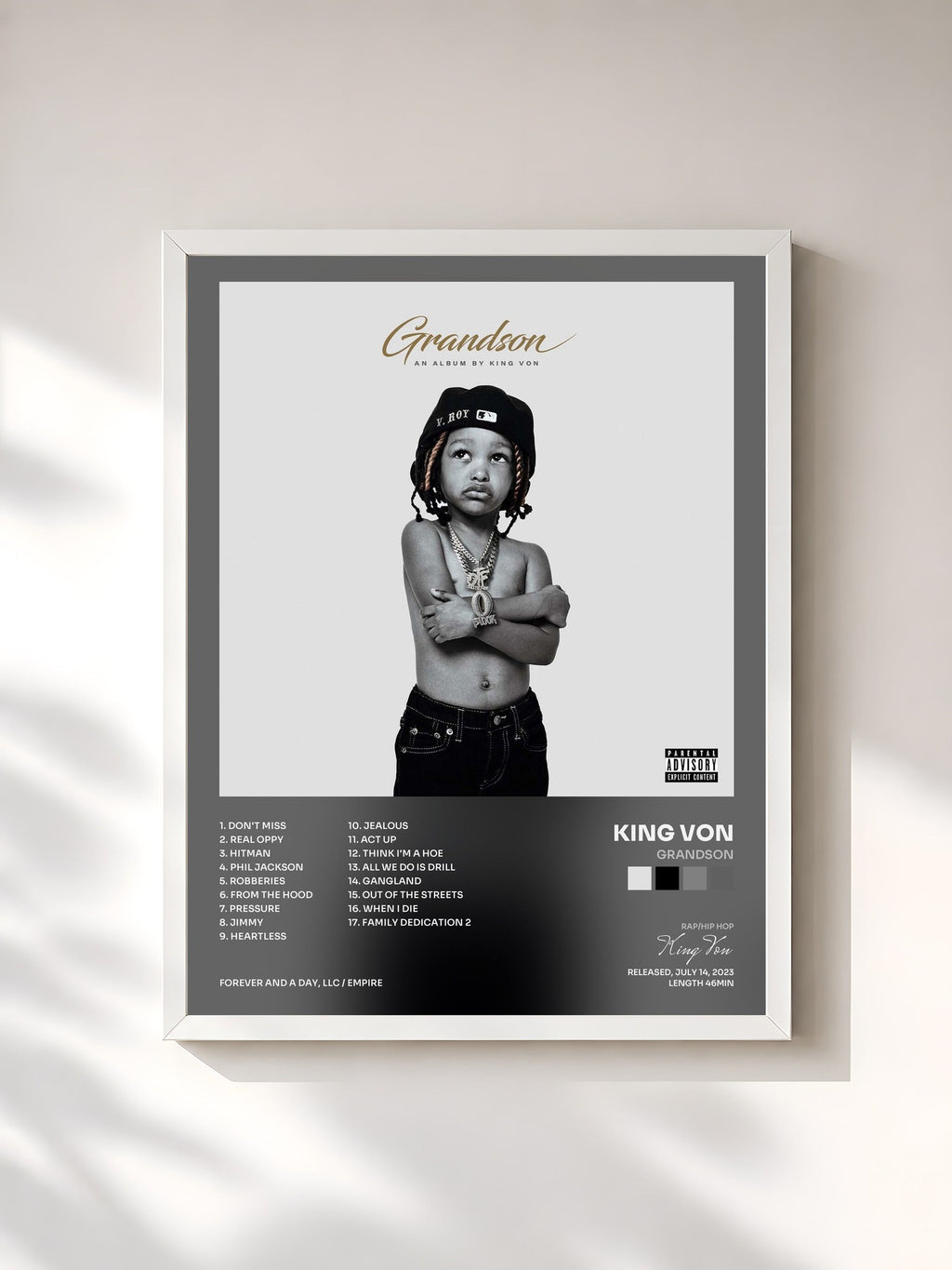 #blanc Tableau de l'album Grandson de King Von, cadre blanc, imprimé et encadré en France