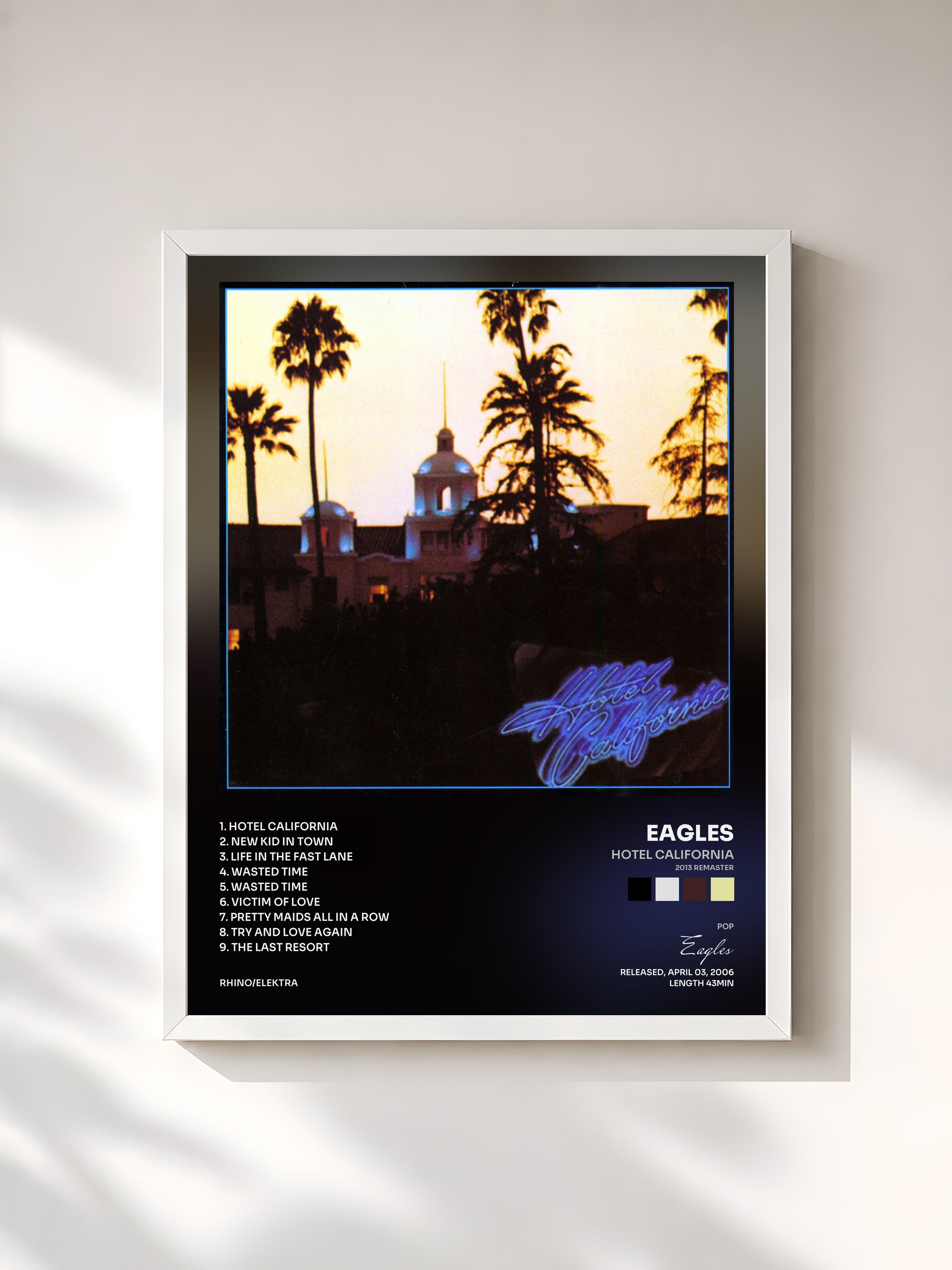 #blanc Hotel California (2013 Remaster) by Eagles as a framed art print, white frame, printed and framed in France