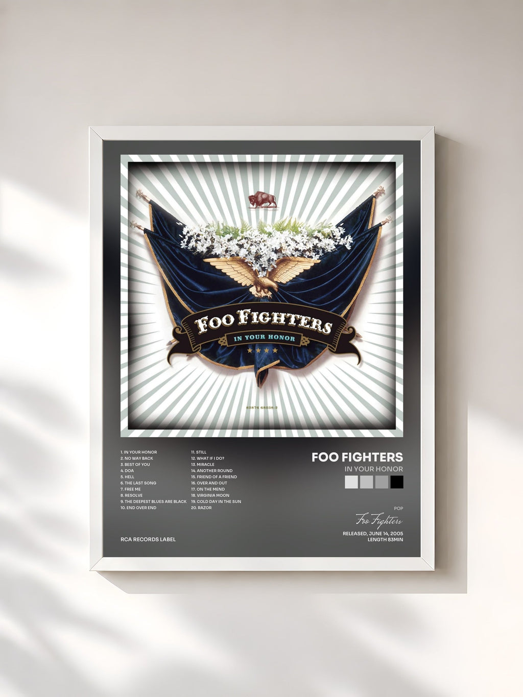 #blanc Tableau de l'album In Your Honor de Foo Fighters, cadre blanc, imprimé et encadré en France