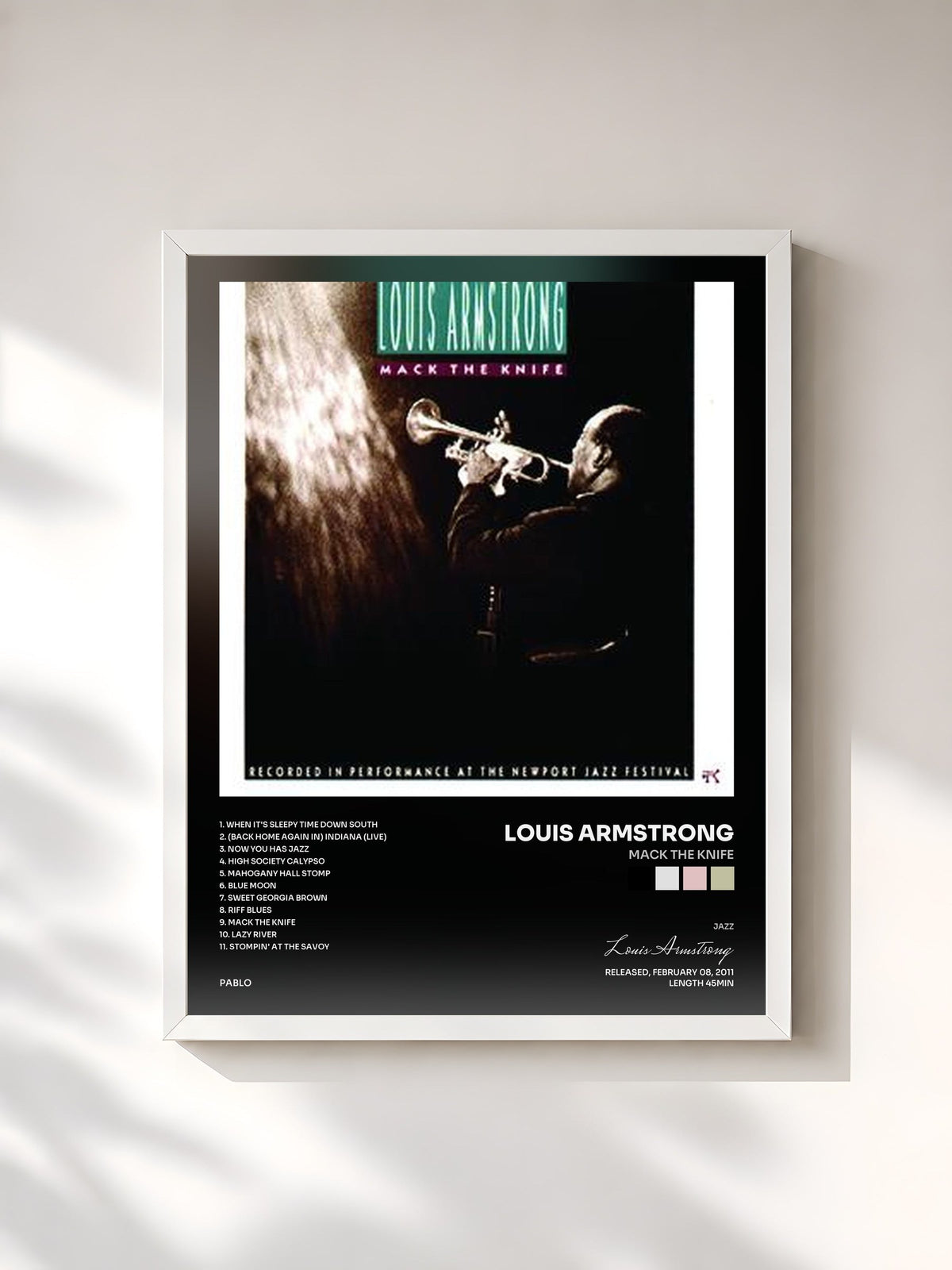 #blanc Tableau de l'album Mack The Knife de Louis Armstrong, cadre blanc, imprimé et encadré en France