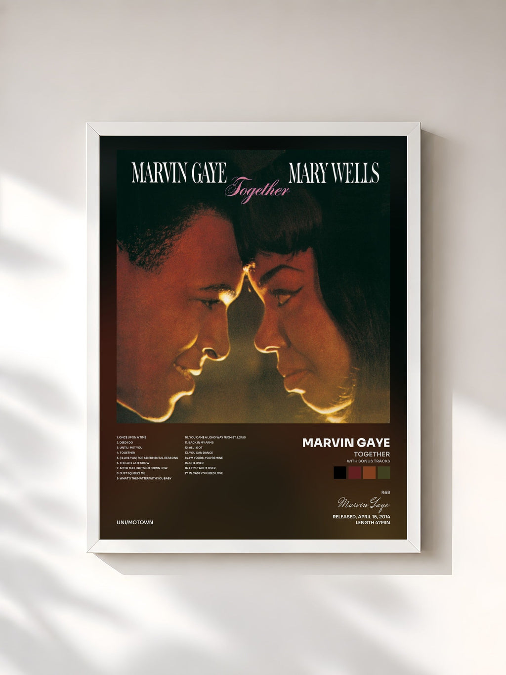 #blanc Tableau de l'album Together (With Bonus Tracks) de Marvin Gaye, cadre blanc, imprimé et encadré en France