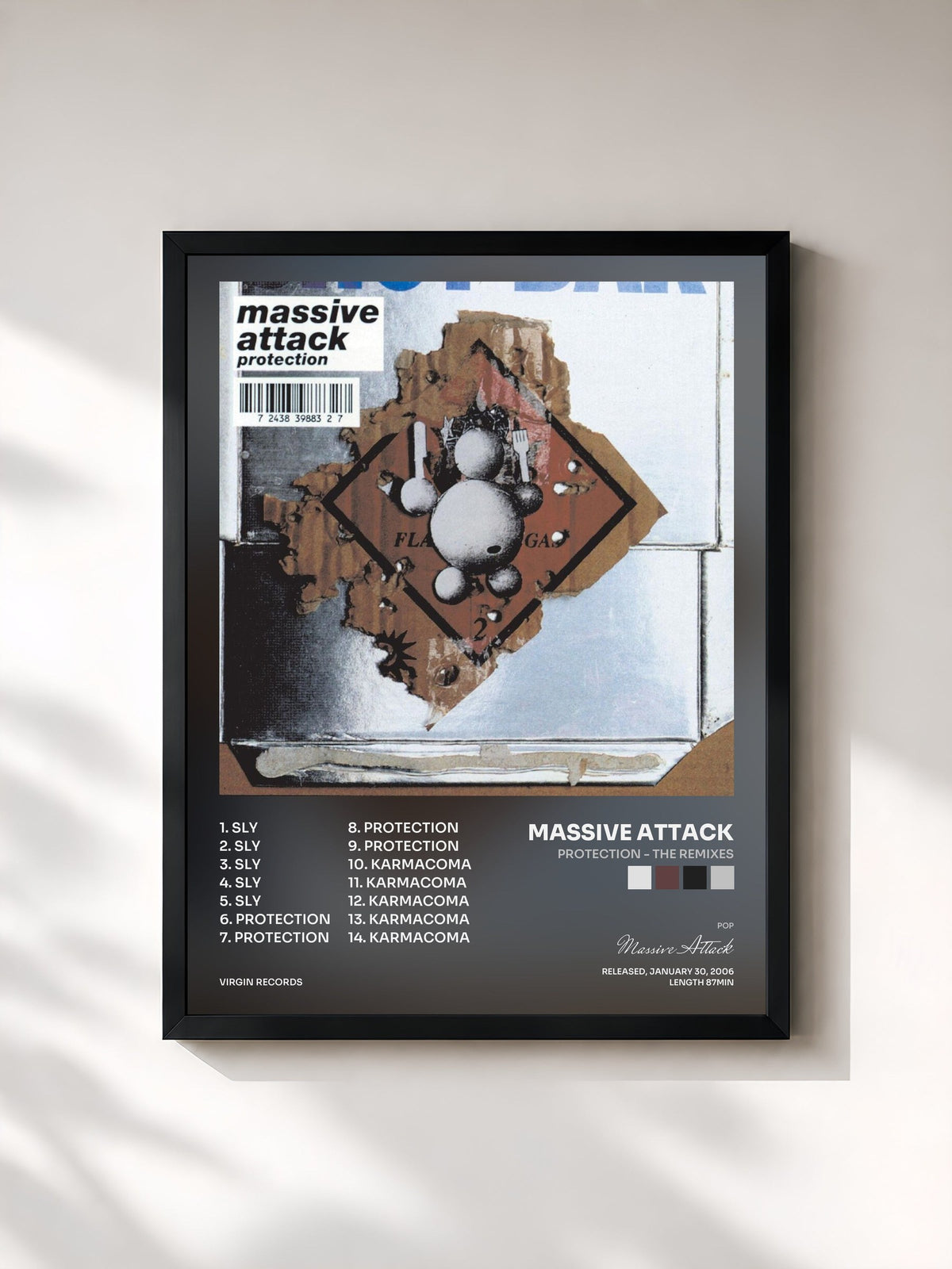 #noir Tableau de l'album Protection - The Remixes de Massive Attack, cadre noir, imprimé et encadré en France