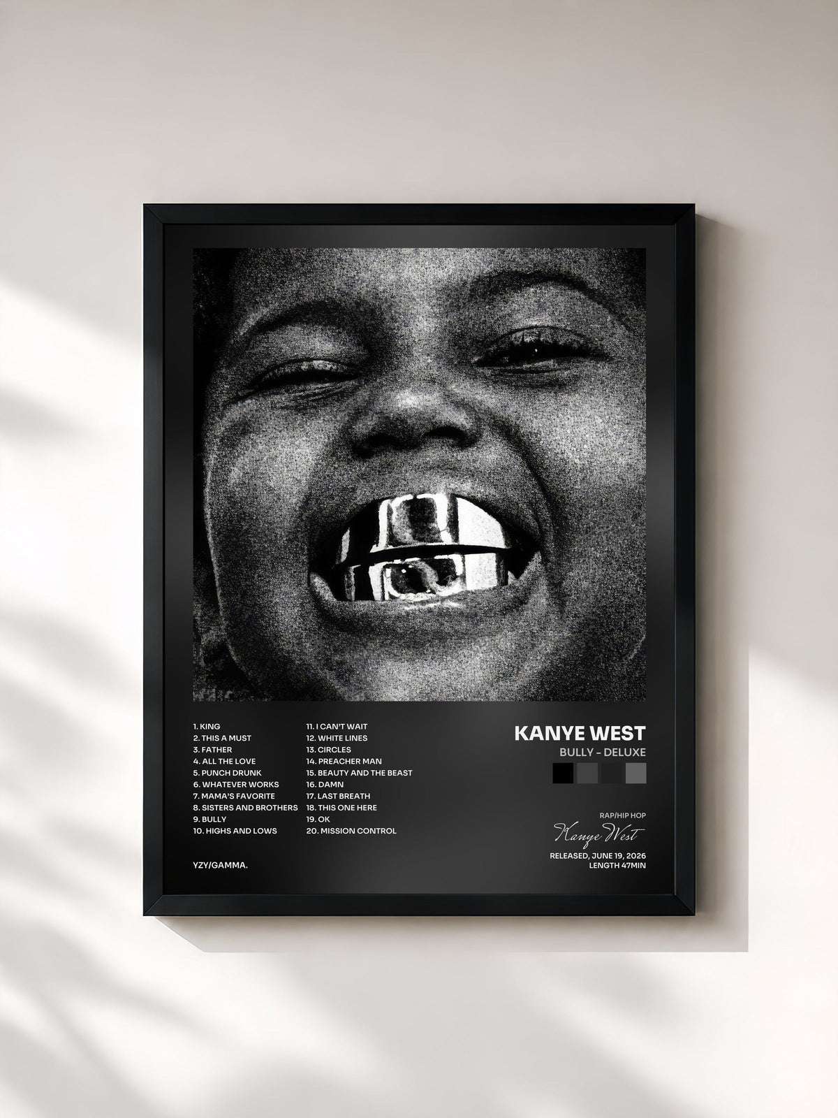 #noir Tableau de l'album BULLY - DELUXE de Kanye West, cadre noir, imprimé et encadré en France