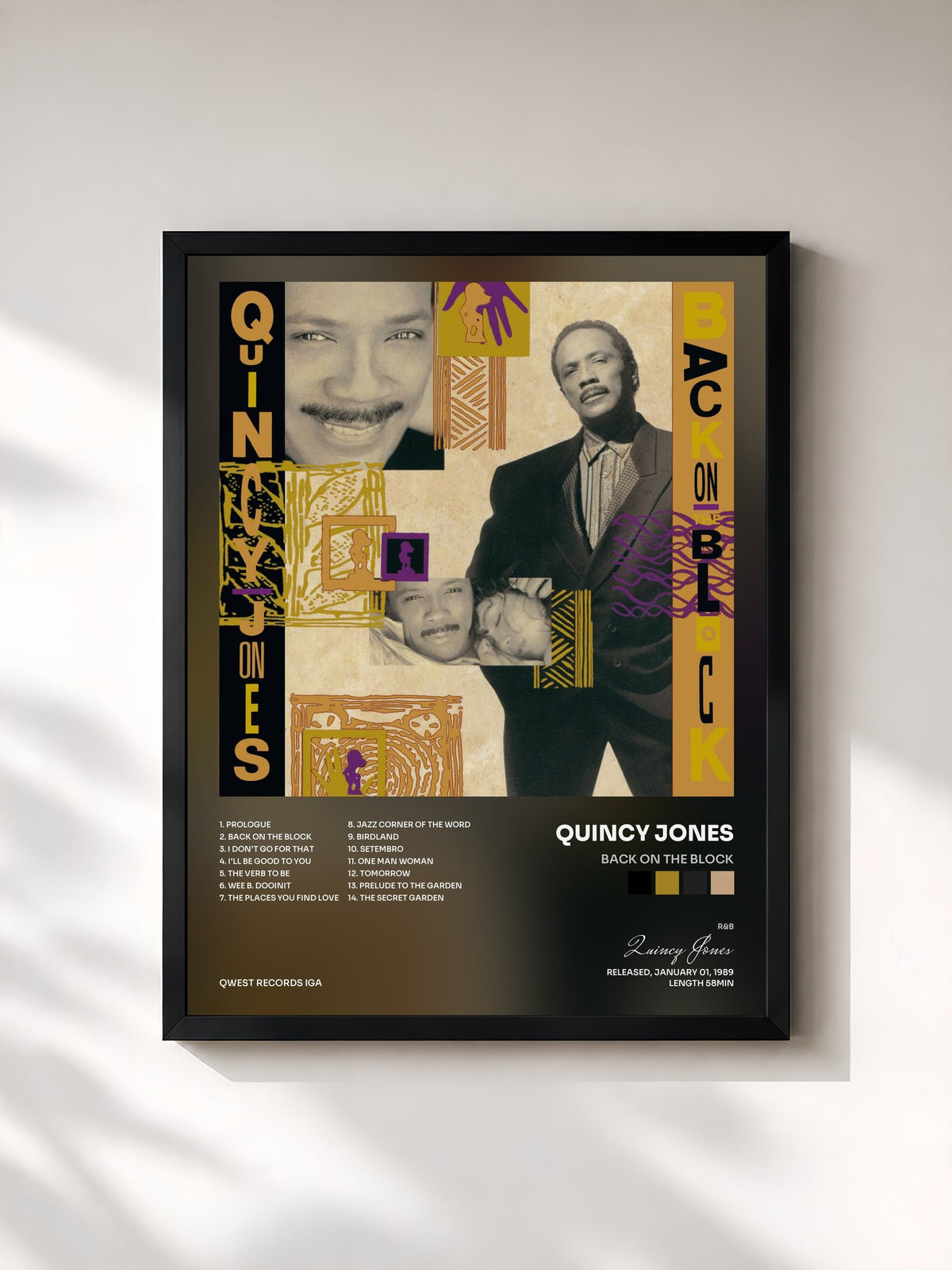 #noir Tableau de l'album Back On The Block de Quincy Jones, cadre noir, imprimé et encadré en France