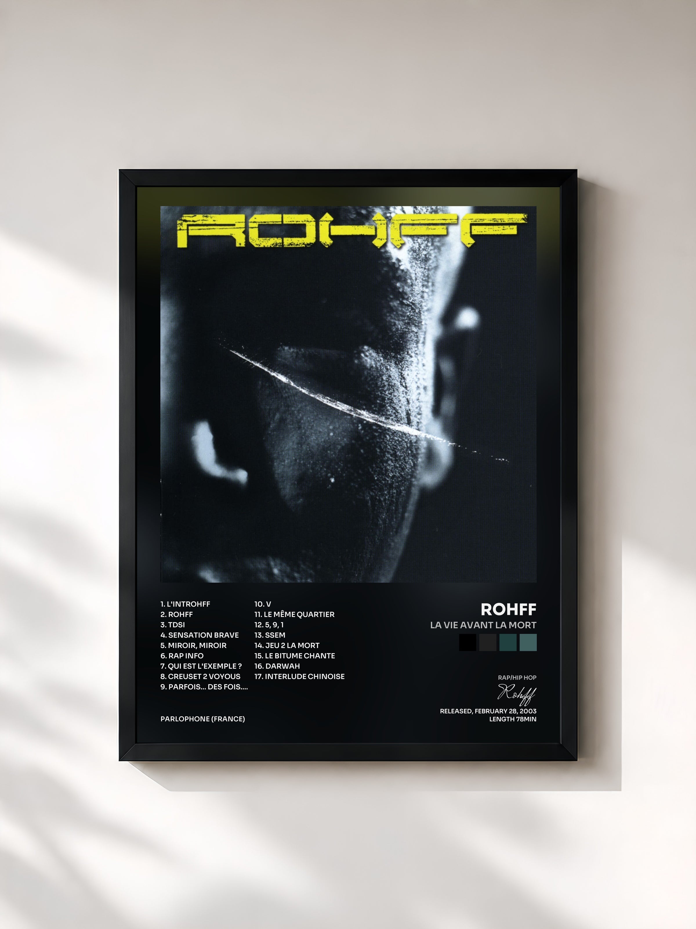 #noir La vie avant la mort by Rohff as a framed art print, black frame, printed and framed in France