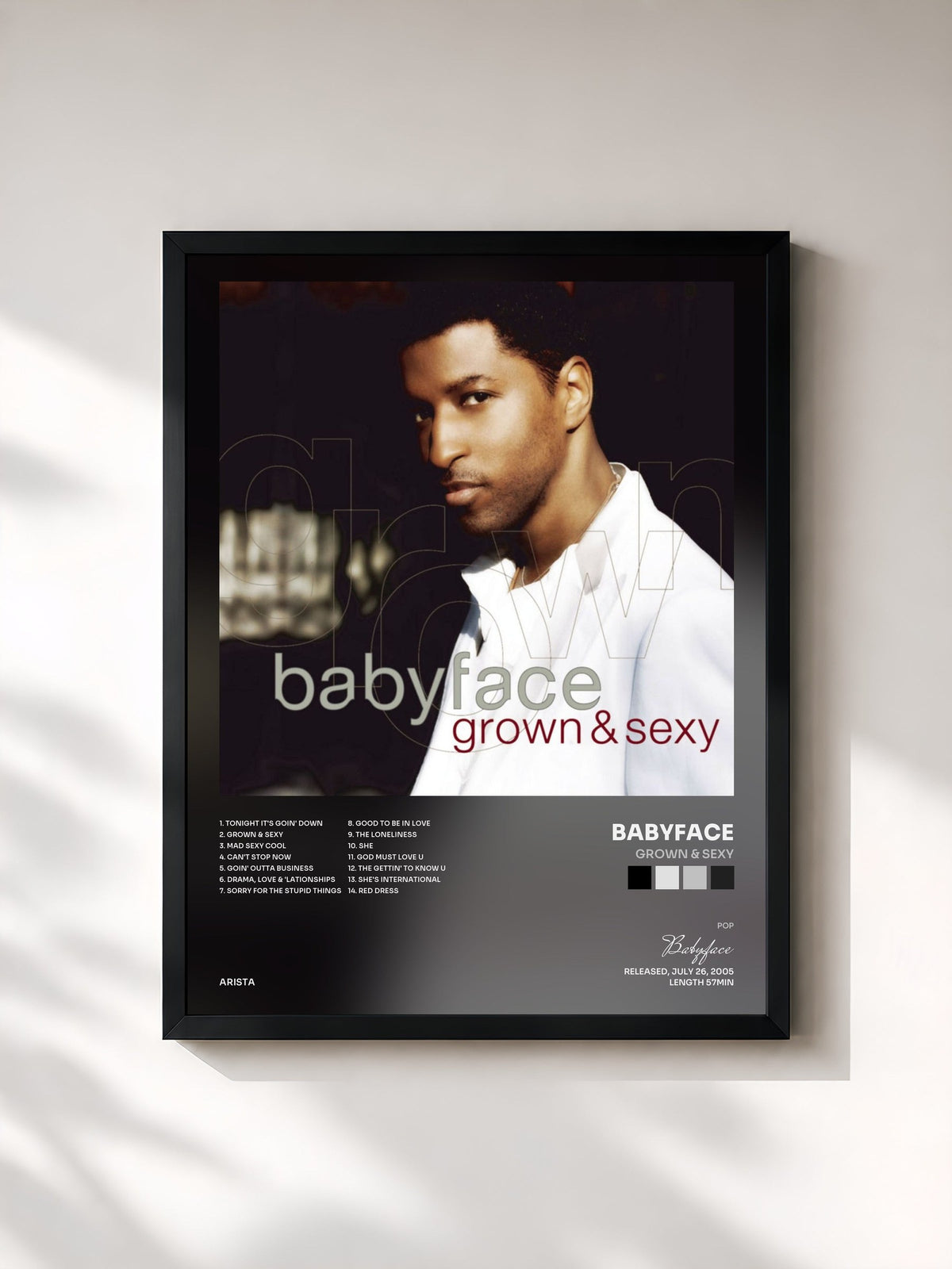 #noir Tableau de l'album Grown & Sexy de Babyface, cadre noir, imprimé et encadré en France