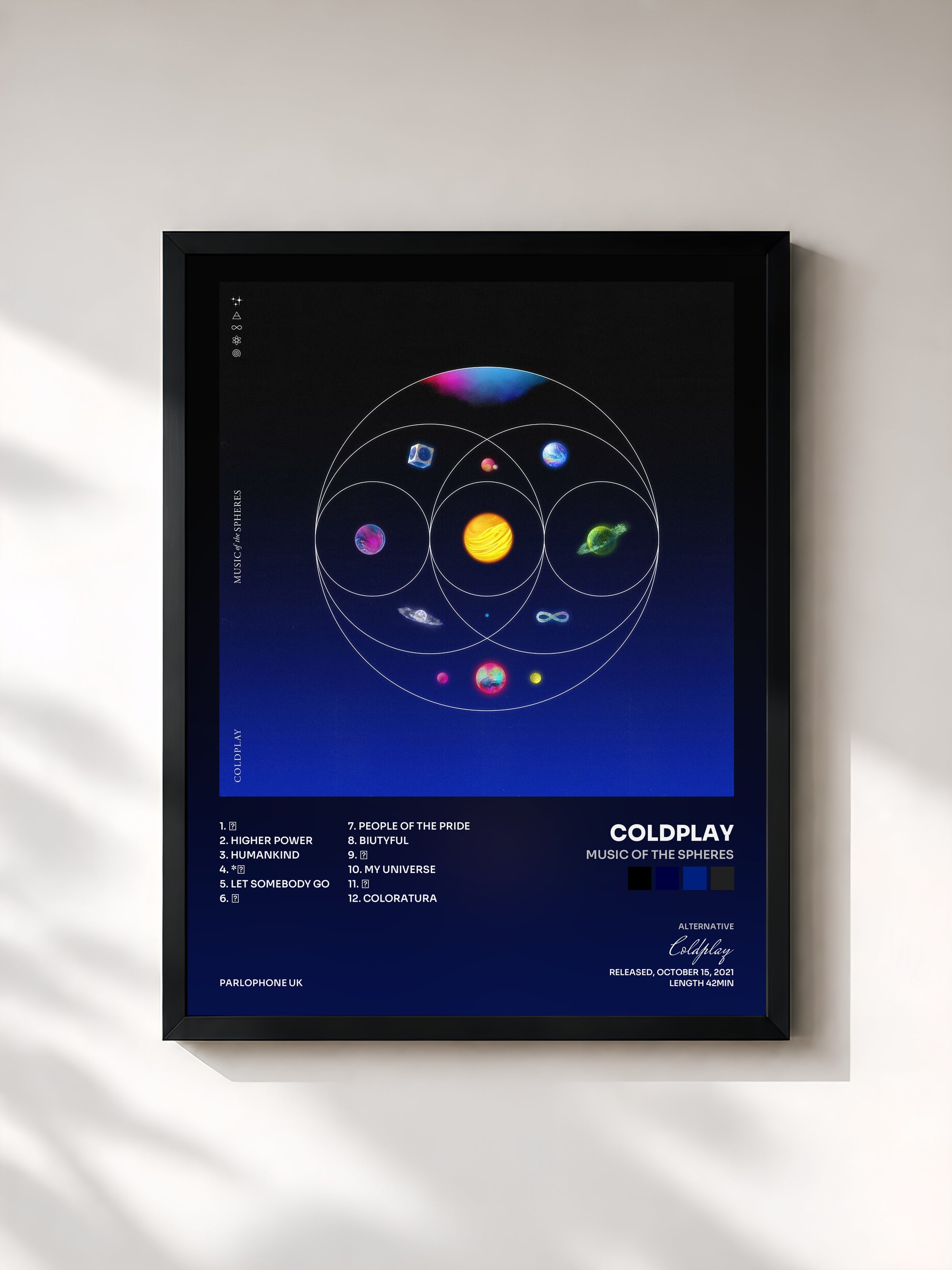 #noir Music Of The Spheres by Coldplay as a framed art print, black frame, printed and framed in France
