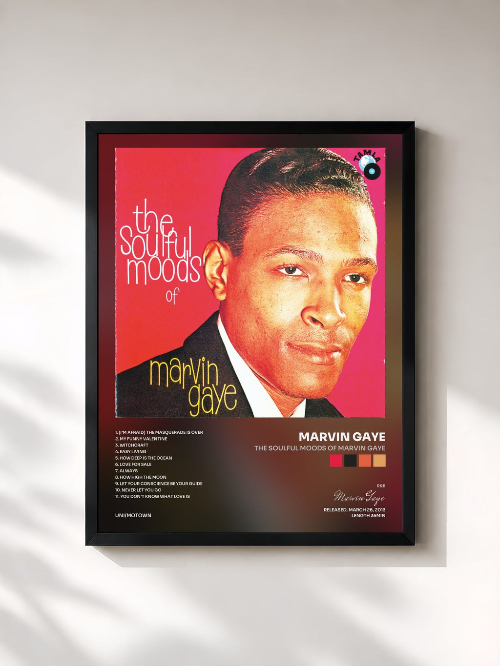 #noir Tableau de l'album The Soulful Moods Of Marvin Gaye de Marvin Gaye, cadre noir, imprimé et encadré en France
