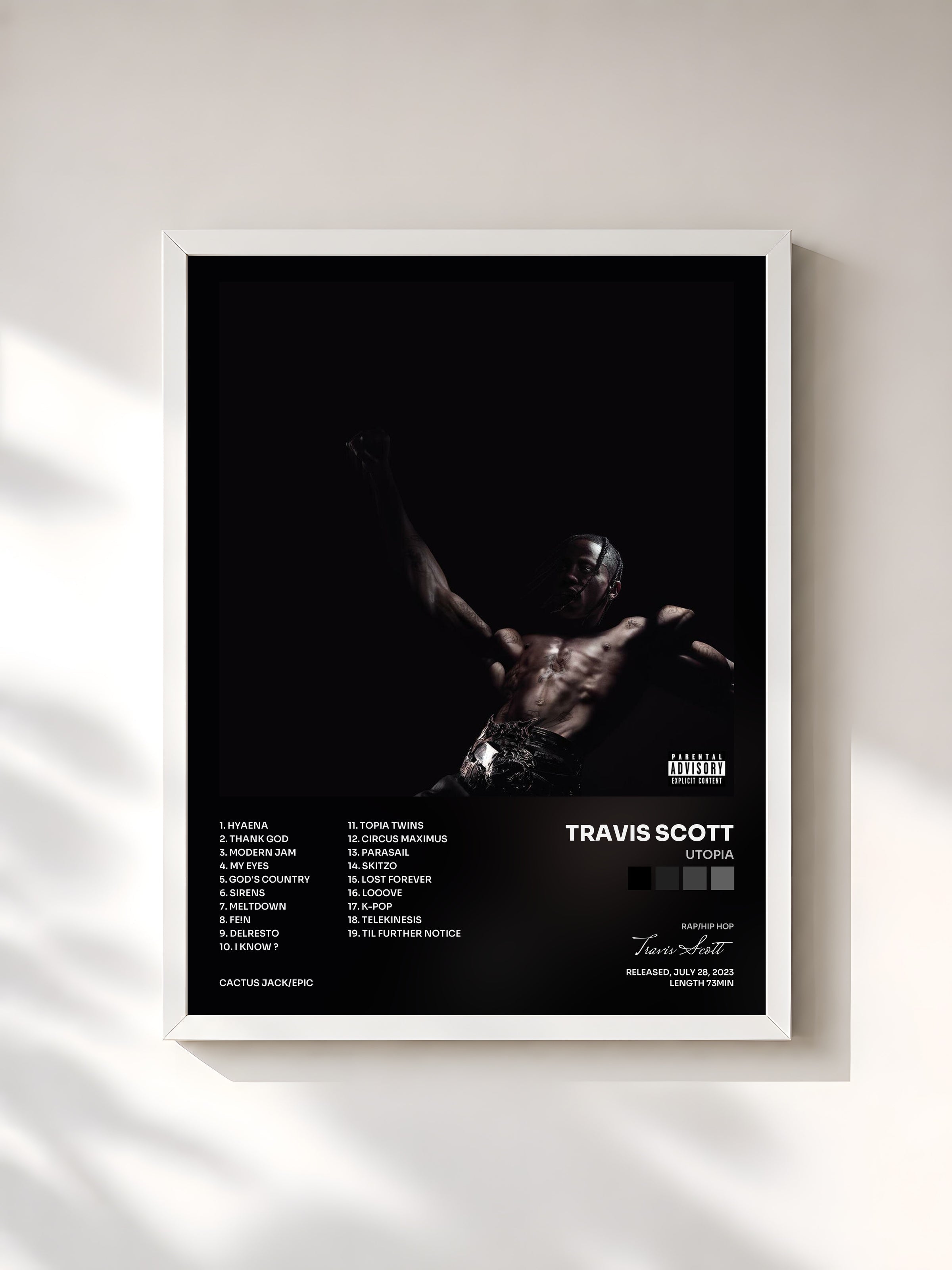 #blanc Tableau de l'album UTOPIA de Travis Scott, cadre blanc, imprimé et encadré en France
