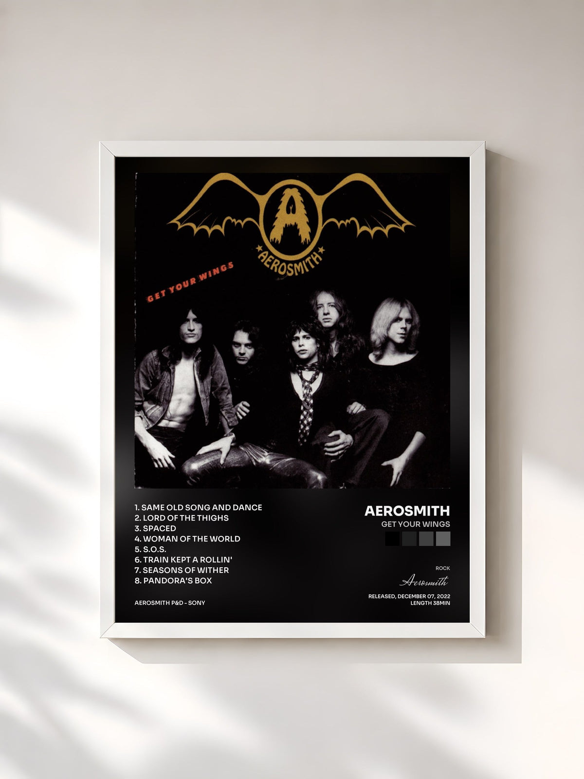 #blanc Tableau de l'album Get Your Wings de Aerosmith, cadre blanc, imprimé et encadré en France