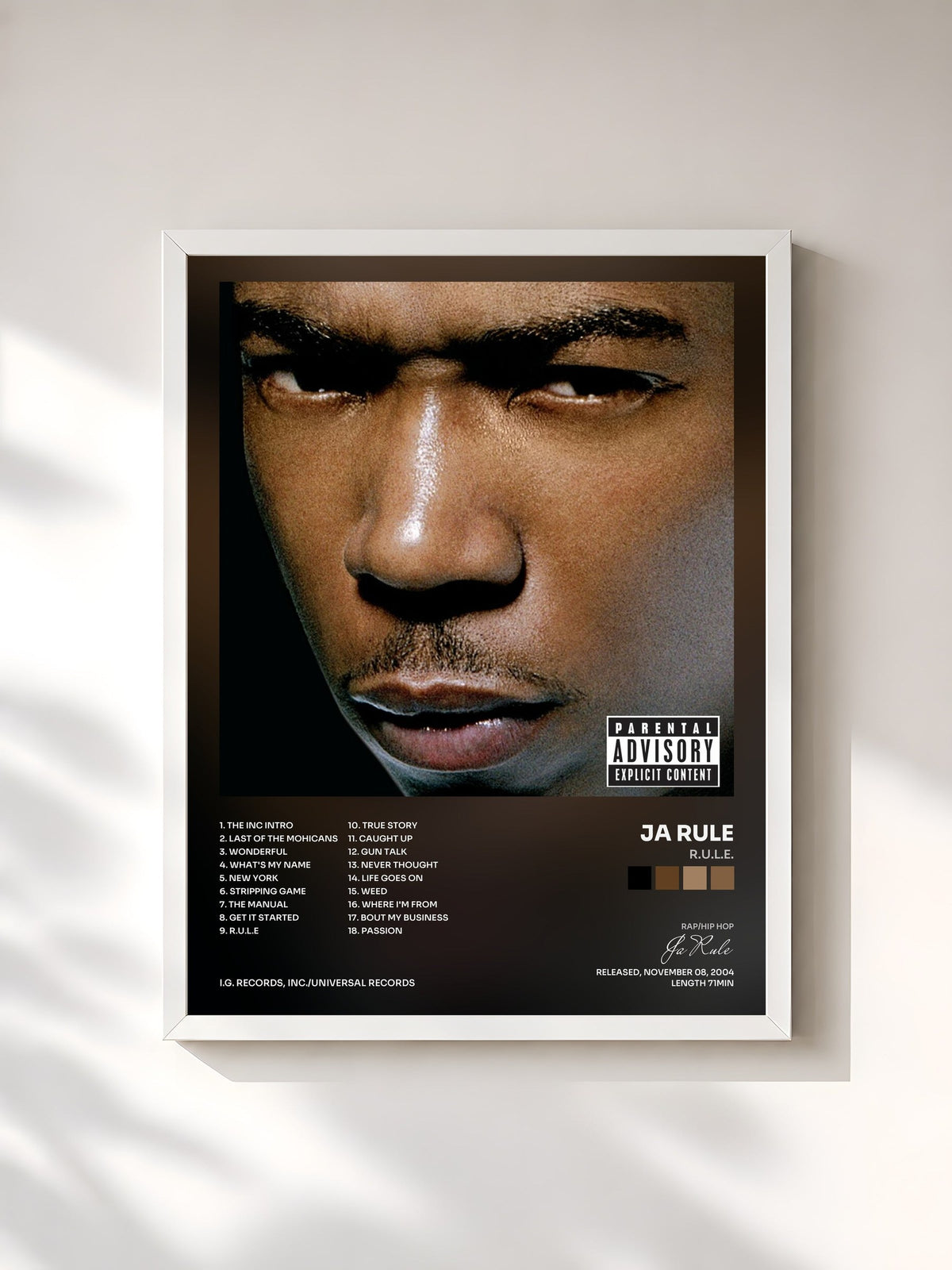 #blanc Tableau de l'album R.U.L.E. de Ja Rule, cadre blanc, imprimé et encadré en France