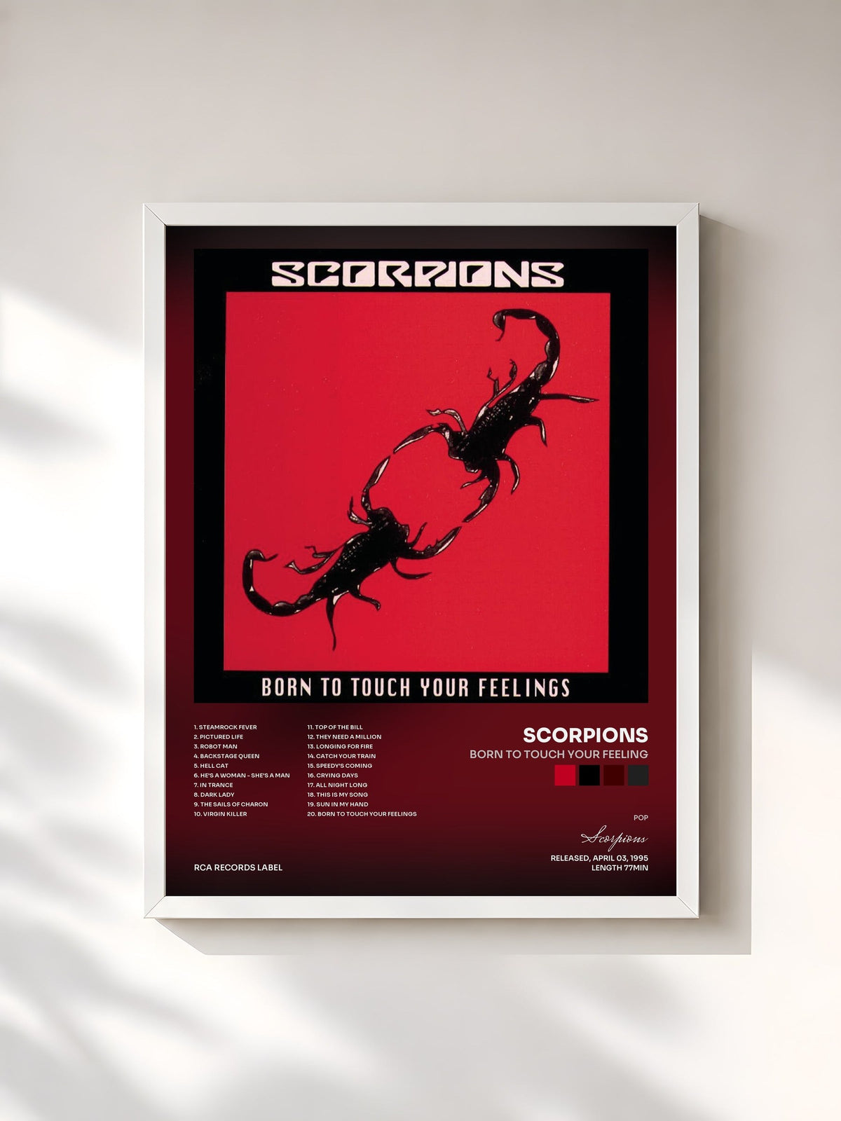 #blanc Tableau de l'album Born To Touch Your Feeling de Scorpions, cadre blanc, imprimé et encadré en France