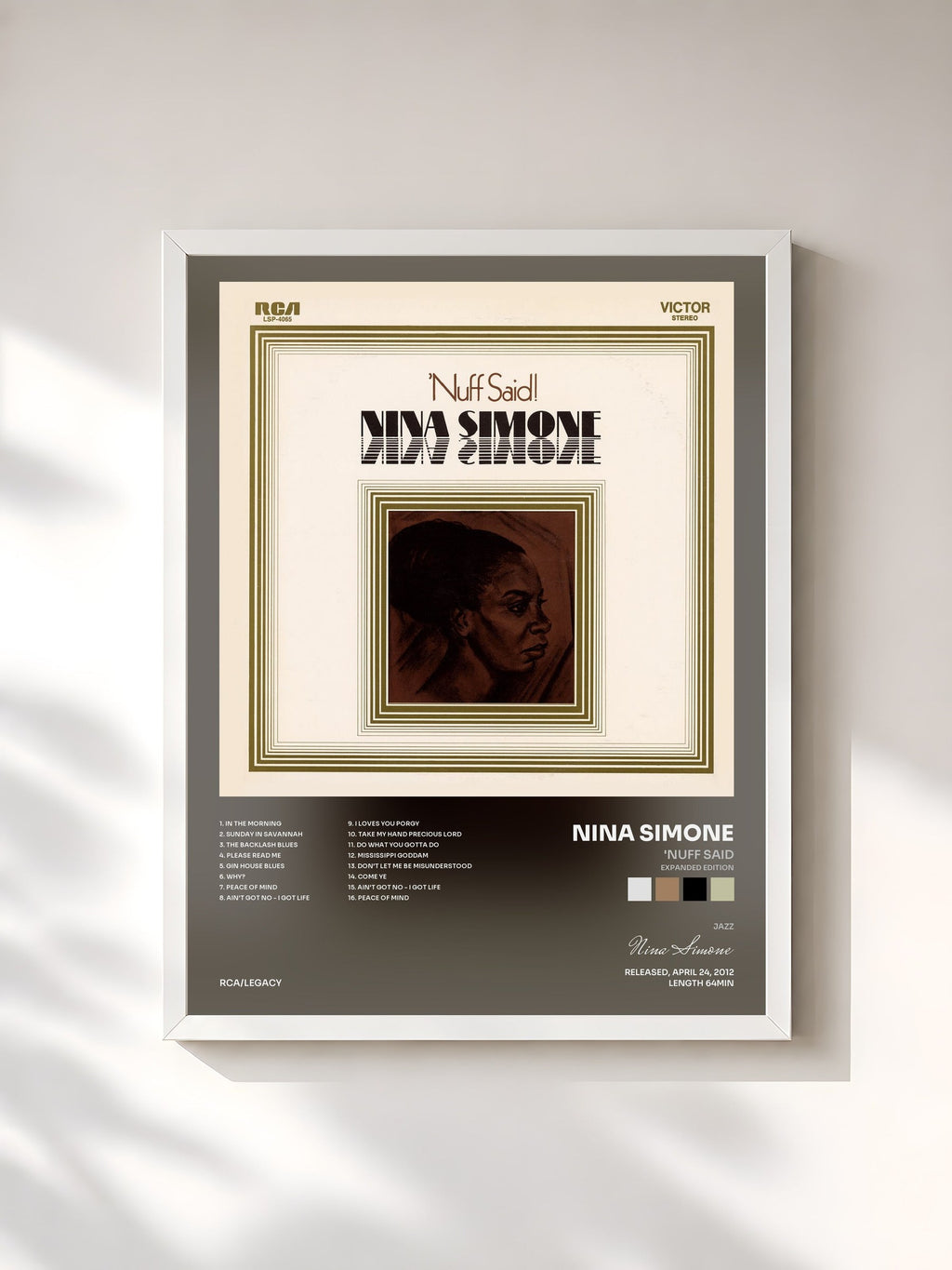 #blanc Tableau de l'album 'Nuff Said (Expanded Edition) de Nina Simone, cadre blanc, imprimé et encadré en France