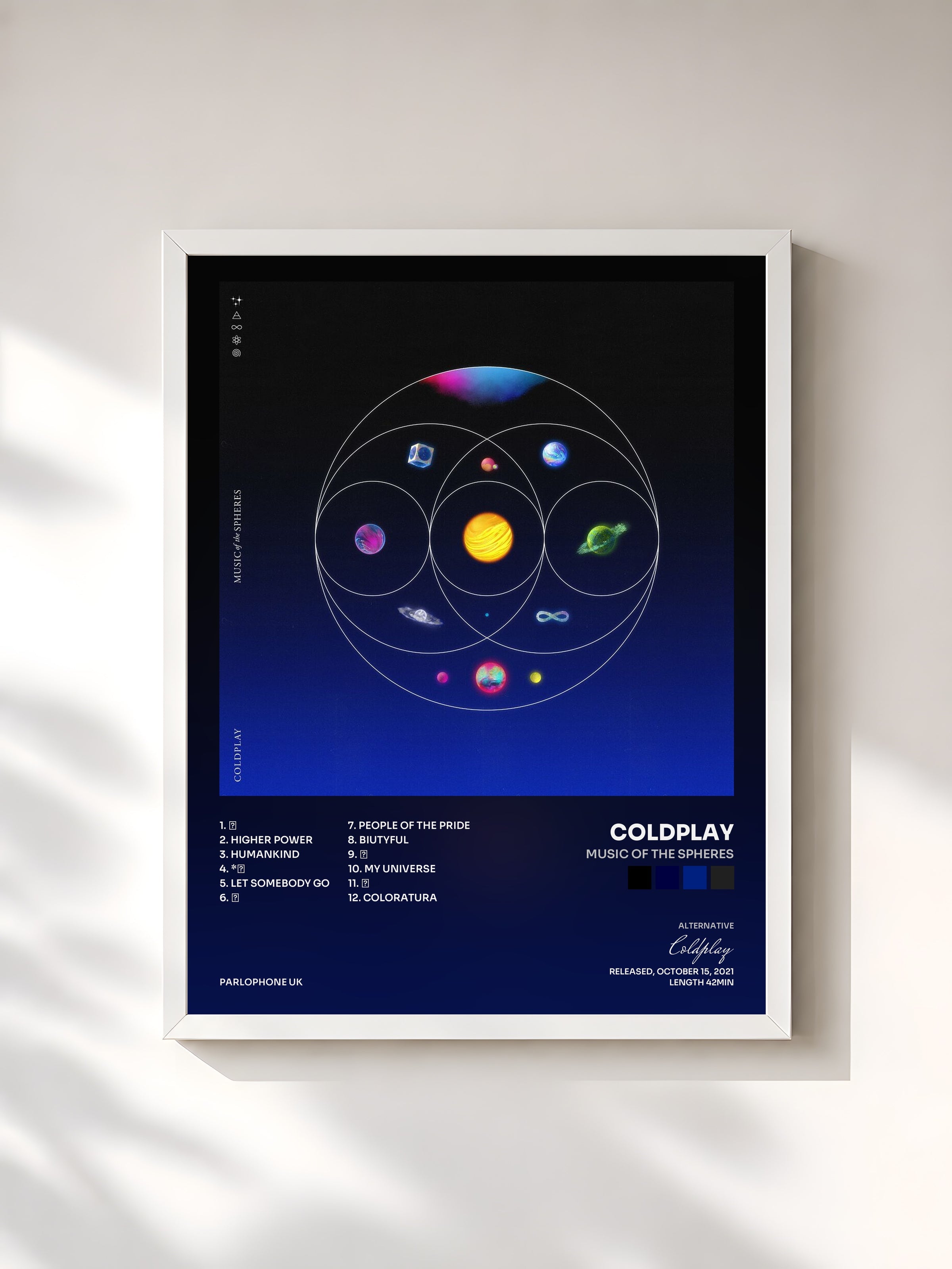 #blanc Music Of The Spheres by Coldplay as a framed art print, white frame, printed and framed in France