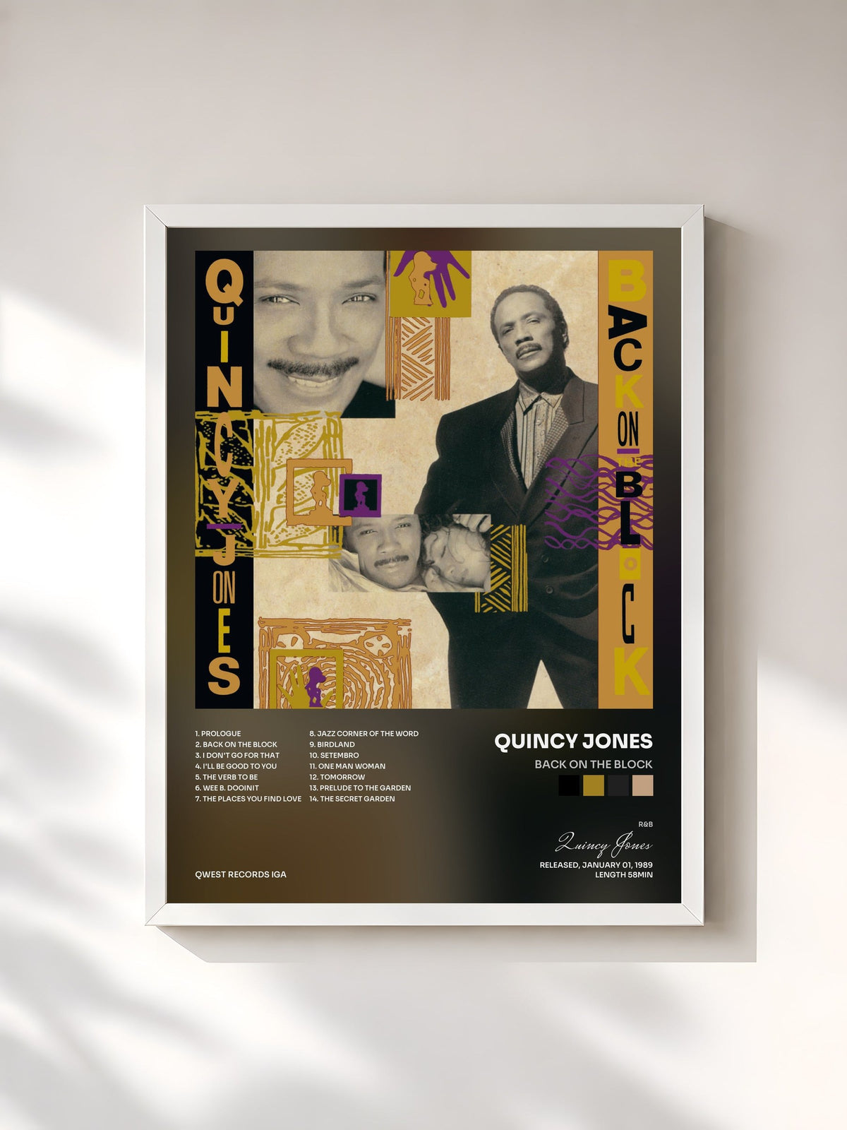 #blanc Tableau de l'album Back On The Block de Quincy Jones, cadre blanc, imprimé et encadré en France