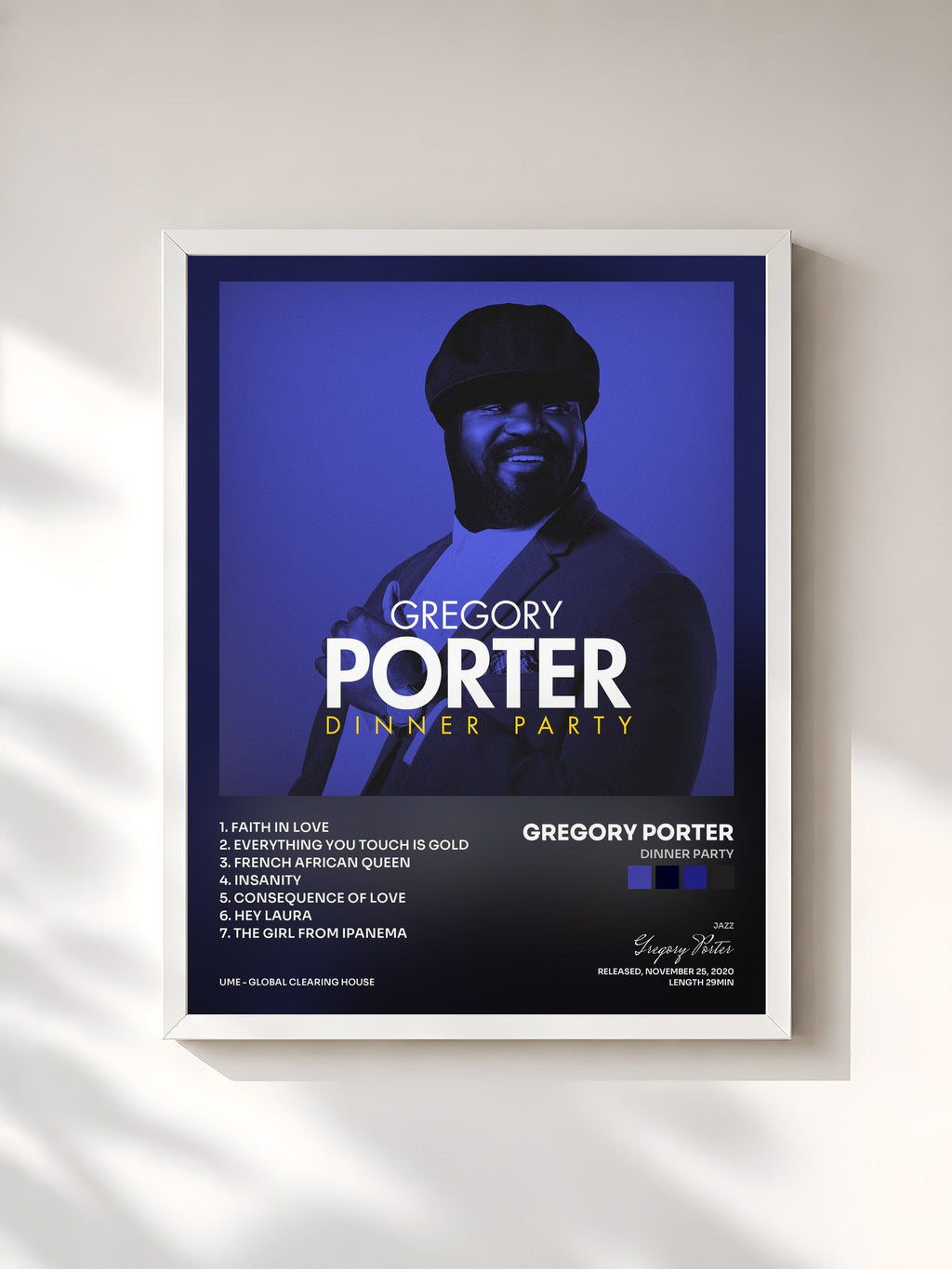 #blanc Tableau de l'album Dinner Party de Gregory Porter, cadre blanc, imprimé et encadré en France
