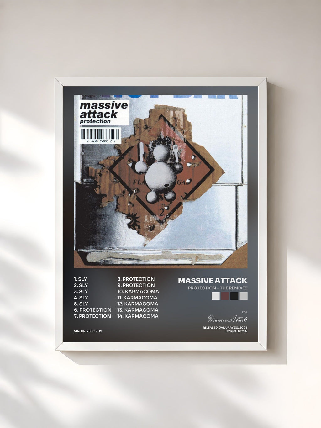 #blanc Tableau de l'album Protection - The Remixes de Massive Attack, cadre blanc, imprimé et encadré en France