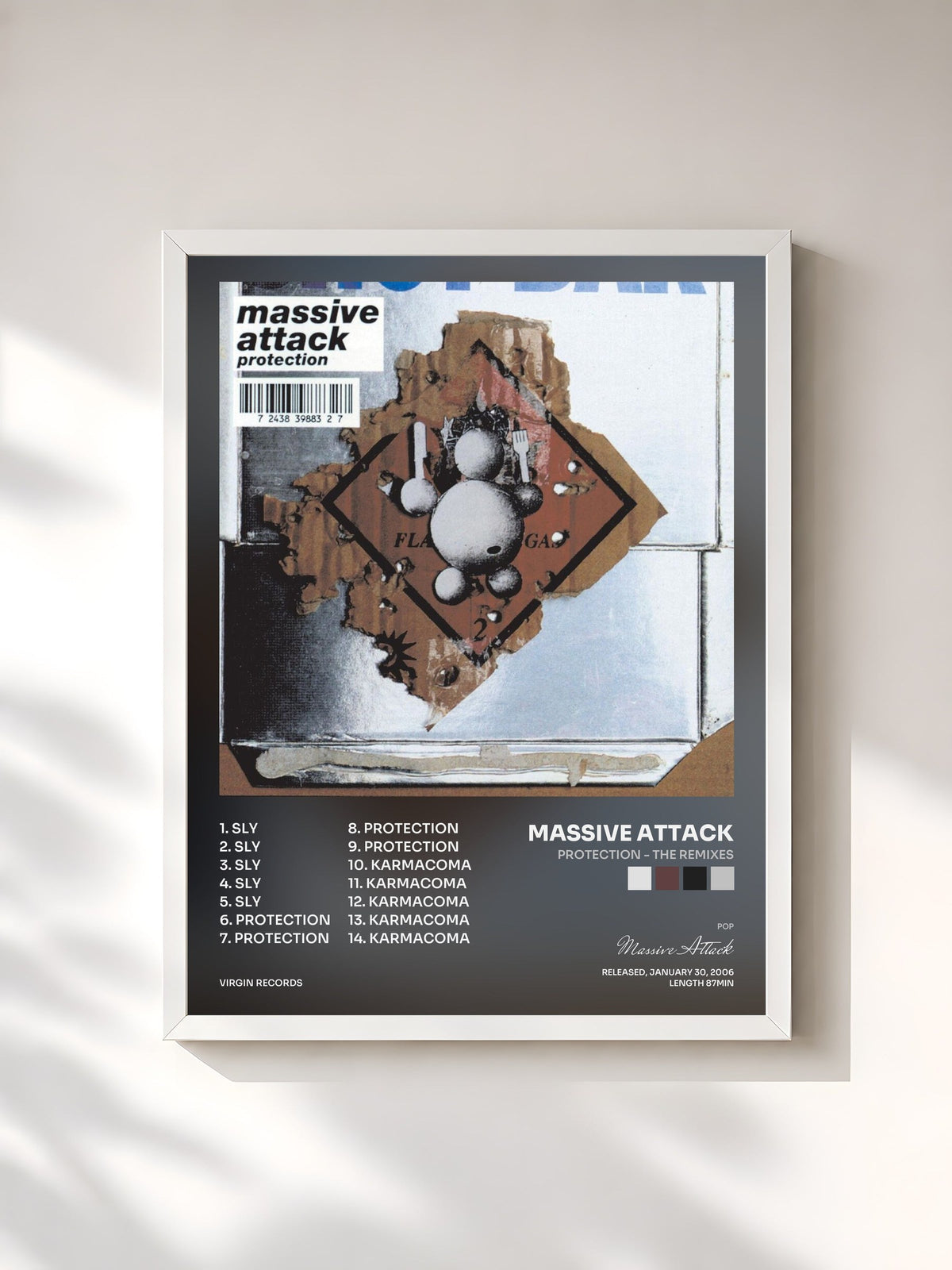 #blanc Tableau de l'album Protection - The Remixes de Massive Attack, cadre blanc, imprimé et encadré en France