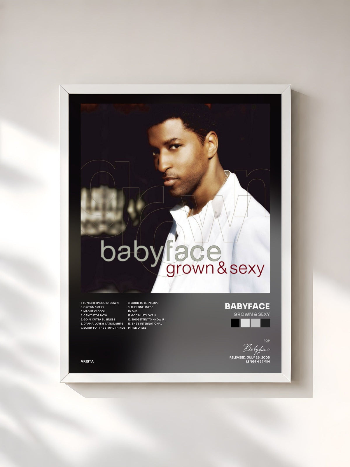 #blanc Tableau de l'album Grown & Sexy de Babyface, cadre blanc, imprimé et encadré en France