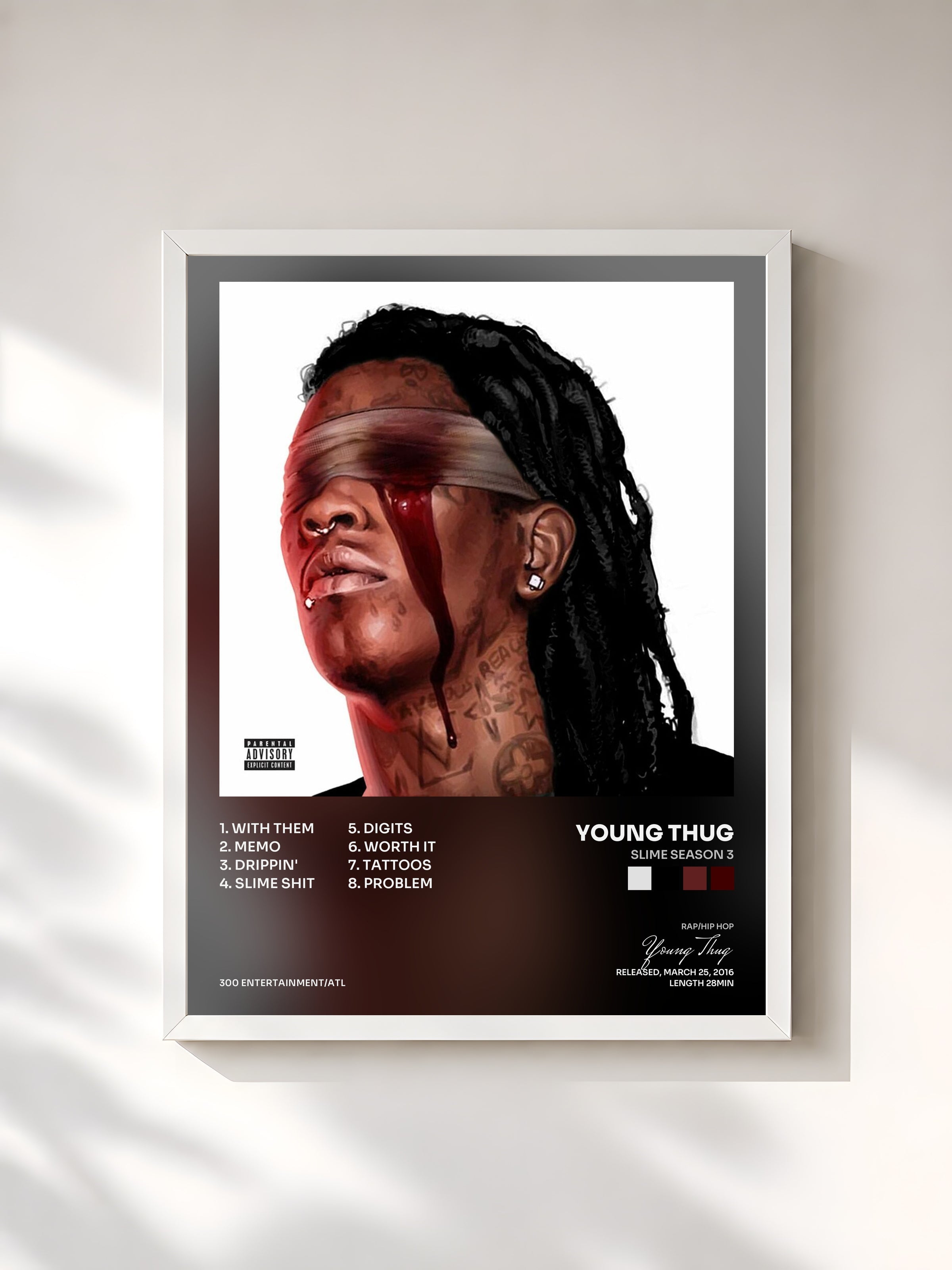 #blanc Tableau de l'album Slime Season 3 de Young Thug, cadre blanc, imprimé et encadré en France