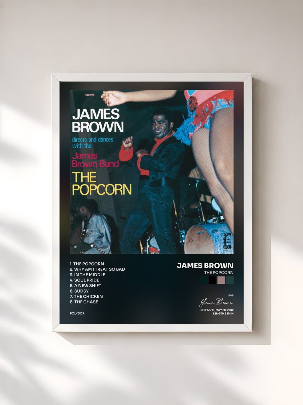 #blanc Tableau de l'album The Popcorn de James Brown, cadre blanc, imprimé et encadré en France