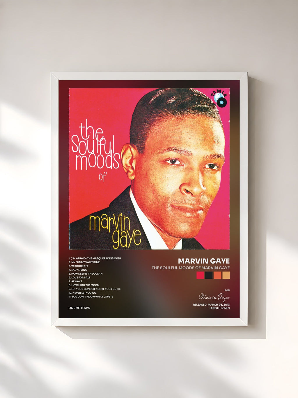 #blanc Tableau de l'album The Soulful Moods Of Marvin Gaye de Marvin Gaye, cadre blanc, imprimé et encadré en France