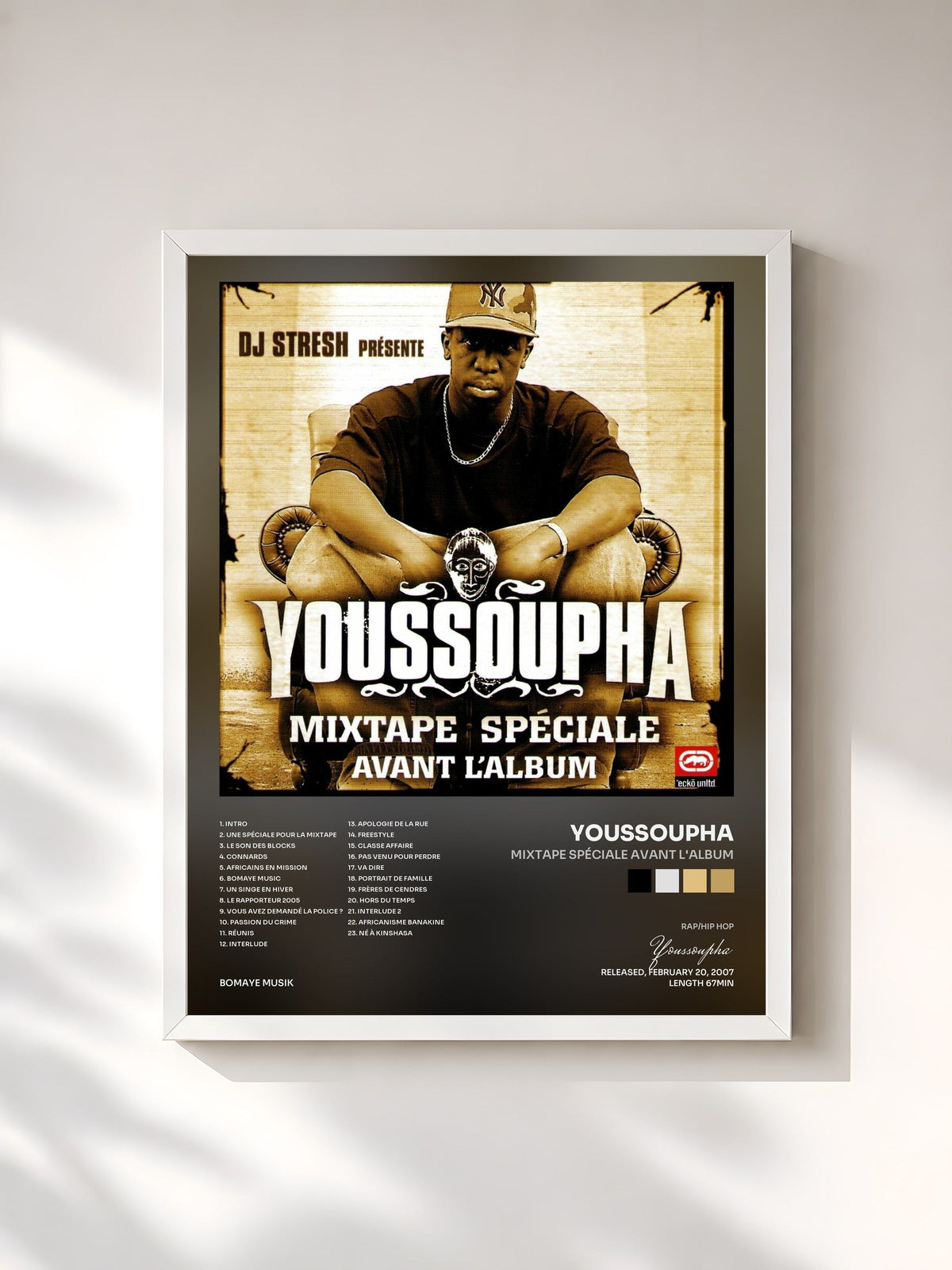 #blanc Mixtape spéciale avant l'album de Youssoupha en lámina enmarcada, marco blanco, impresa y enmarcada en Francia