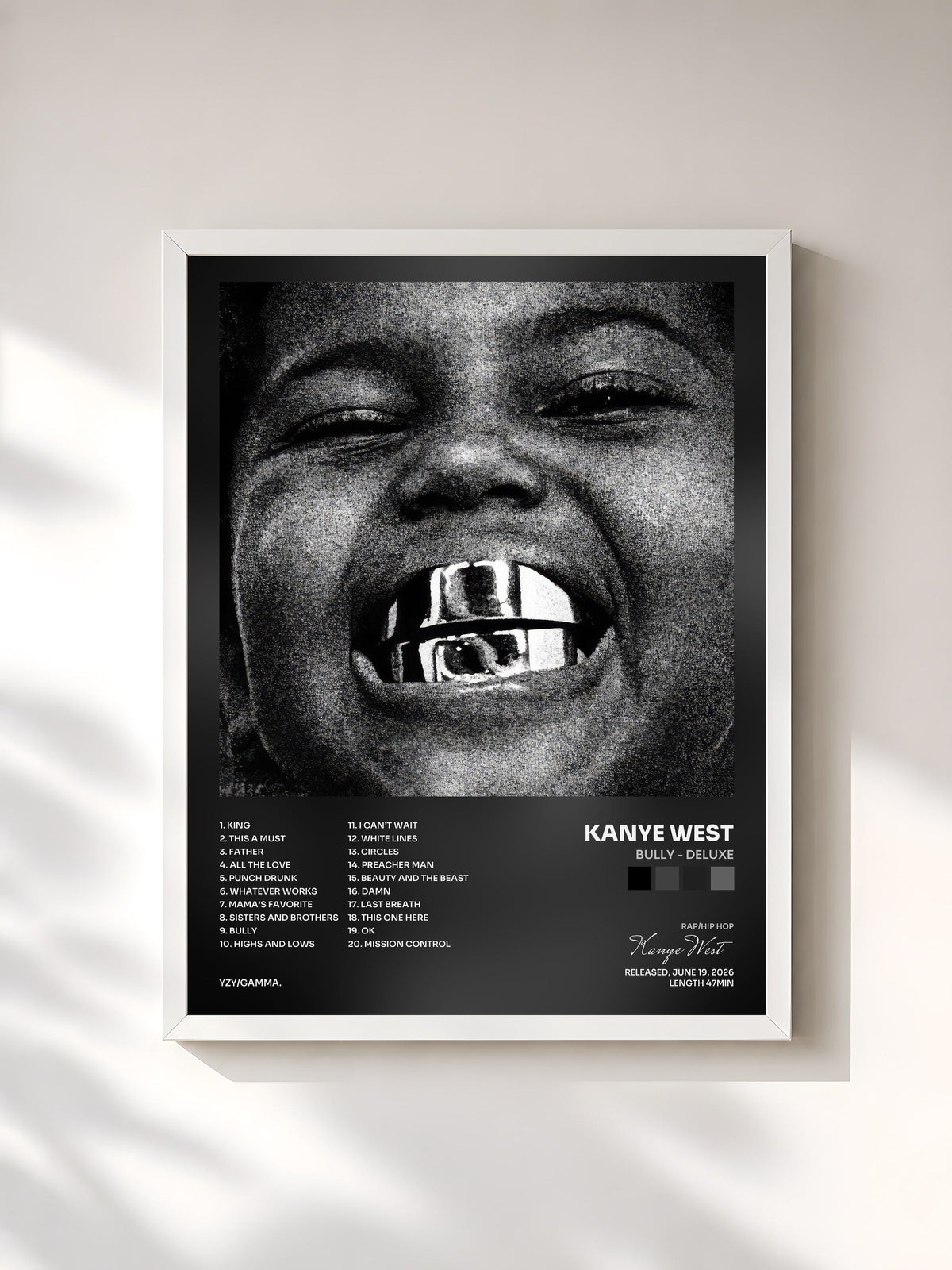 #blanc Tableau de l'album BULLY - DELUXE de Kanye West, cadre blanc, imprimé et encadré en France