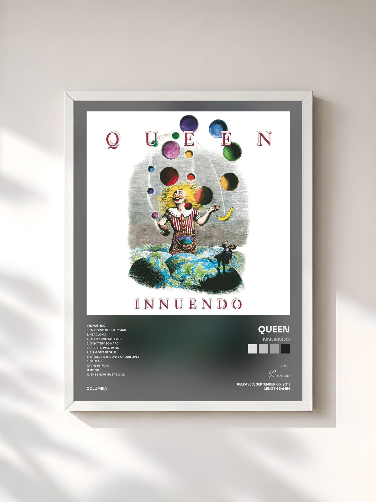 #blanc Tableau de l'album Innuendo de Queen, cadre blanc, imprimé et encadré en France