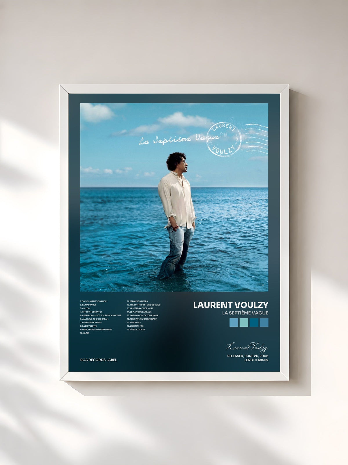 #blanc Tableau de l'album La Septième Vague de Laurent Voulzy, cadre blanc, imprimé et encadré en France
