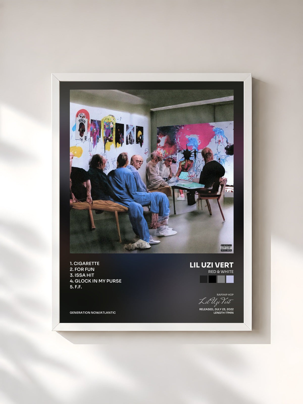 #blanc Tableau de l'album RED & WHITE de Lil Uzi Vert, cadre blanc, imprimé et encadré en France