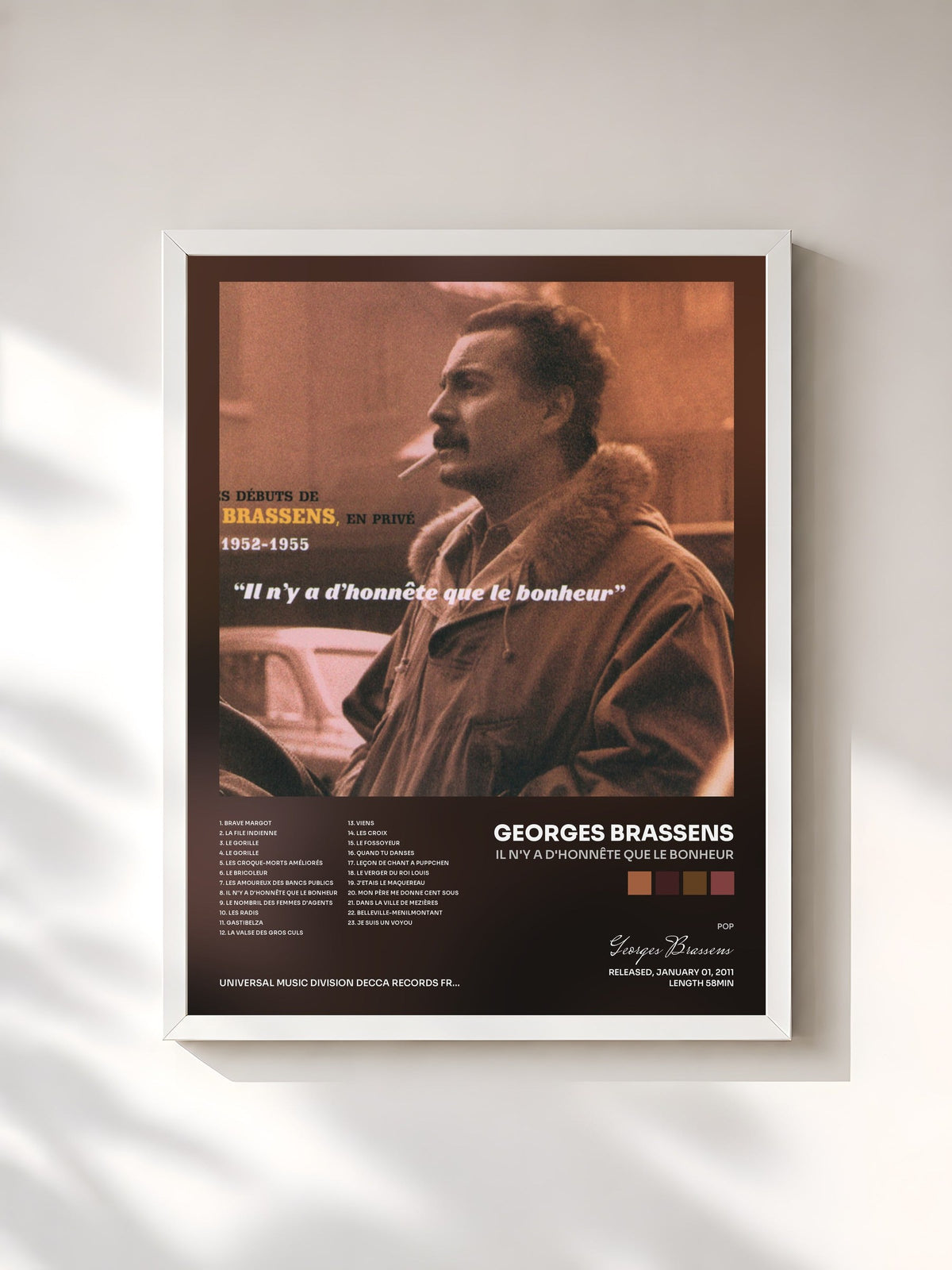 #blanc Tableau de l'album Il N'Y A D'Honnête Que Le Bonheur de Georges Brassens, cadre blanc, imprimé et encadré en France