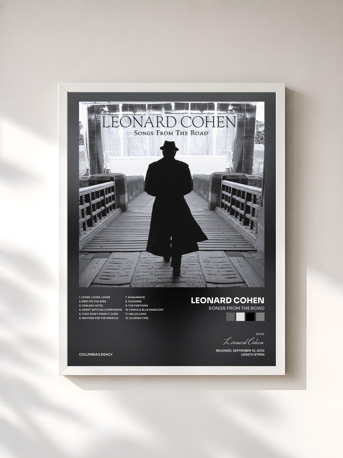 #blanc Tableau de l'album Songs From The Road de Leonard Cohen, cadre blanc, imprimé et encadré en France
