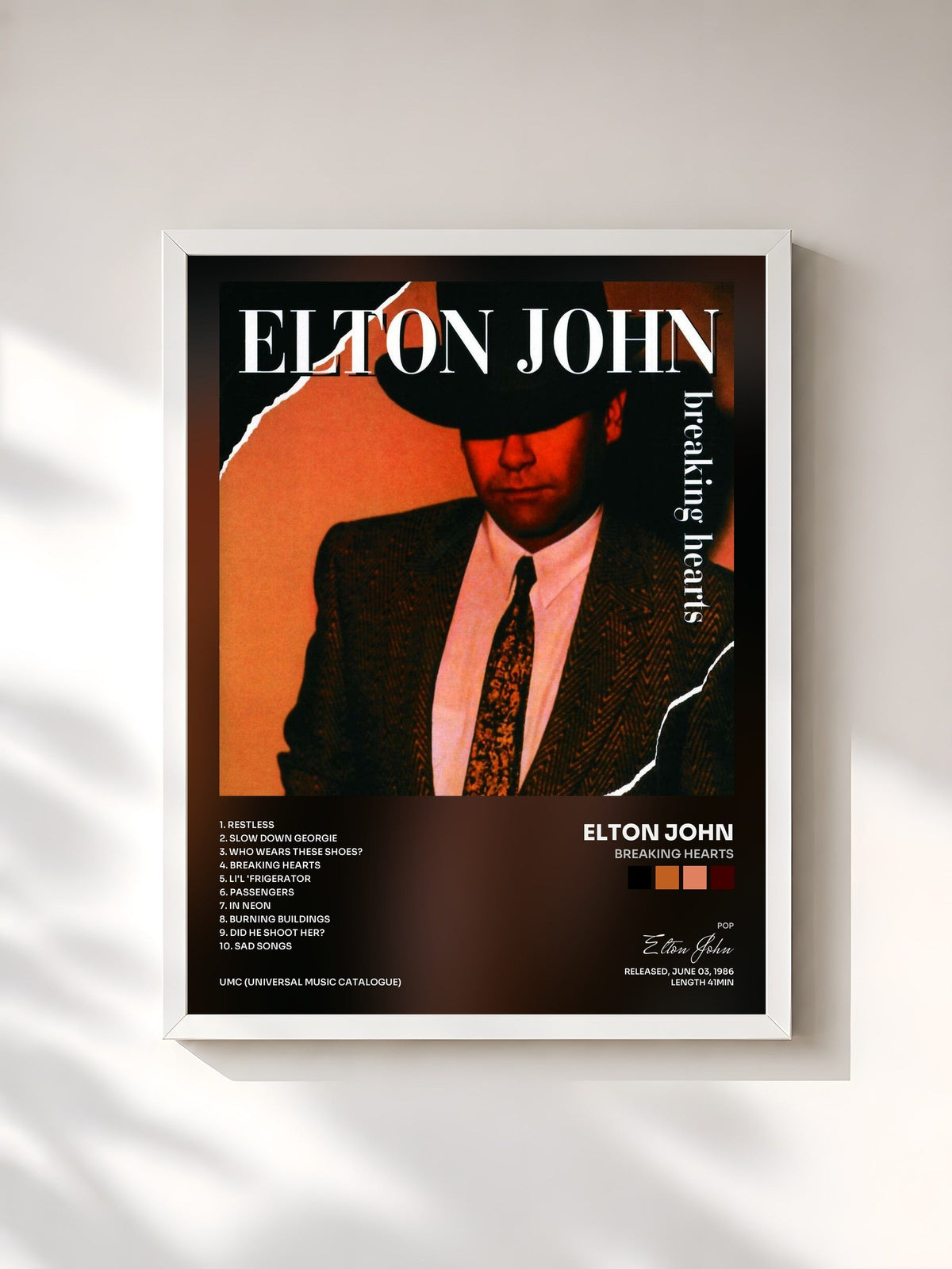 #blanc Tableau de l'album Breaking Hearts de Elton John, cadre blanc, imprimé et encadré en France