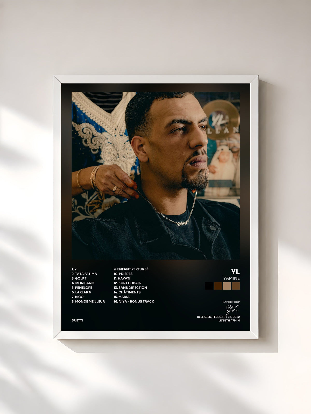 #blanc Tableau de l'album YAMINE de YL, cadre blanc, imprimé et encadré en France