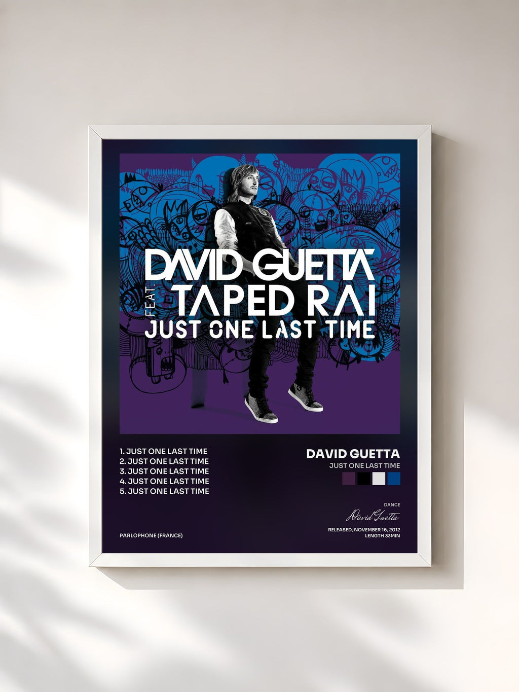 #blanc Tableau de l'album Just One Last Time de David Guetta, cadre blanc, imprimé et encadré en France