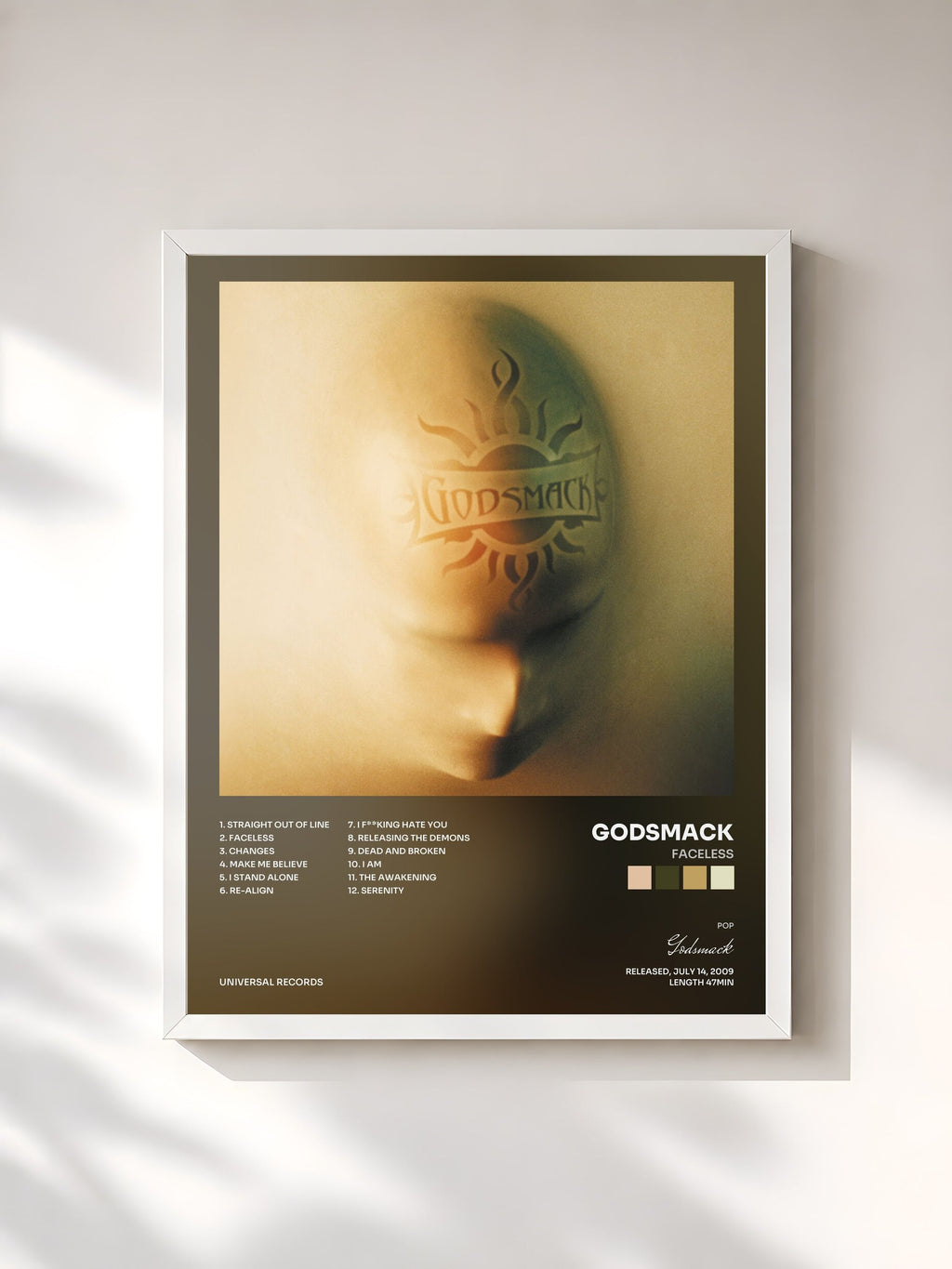 #blanc Tableau de l'album Faceless de Godsmack, cadre blanc, imprimé et encadré en France