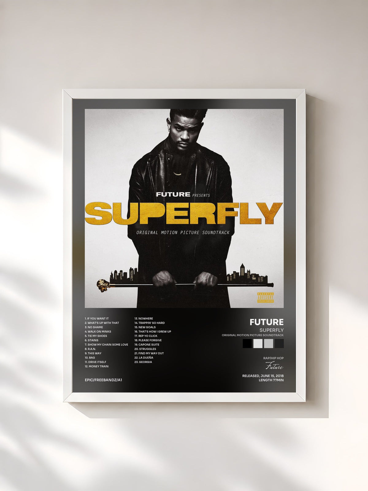 #blanc Tableau de l'album SUPERFLY (Original Motion Picture Soundtrack) de Future, cadre blanc, imprimé et encadré en France