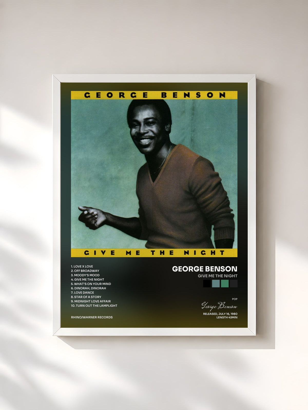 #blanc Tableau de l'album Give Me the Night de George Benson, cadre blanc, imprimé et encadré en France