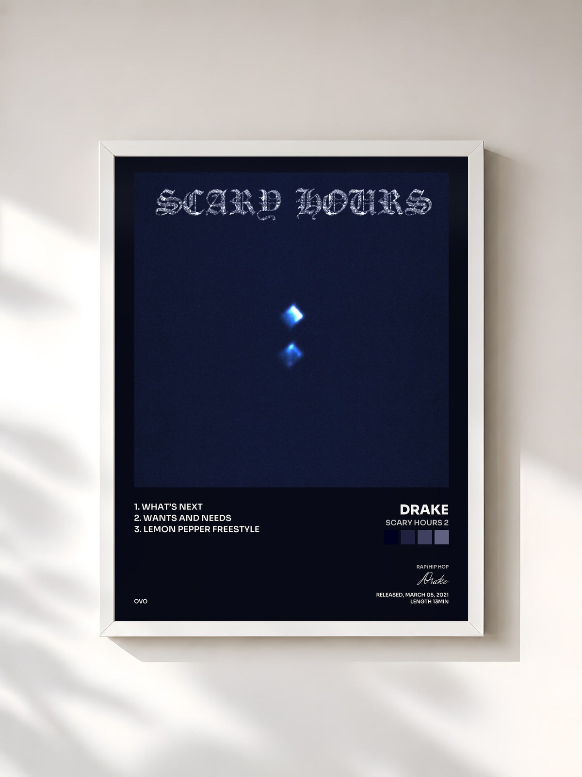 #blanc Tableau de l'album Scary Hours 2 de Drake, cadre blanc, imprimé et encadré en France