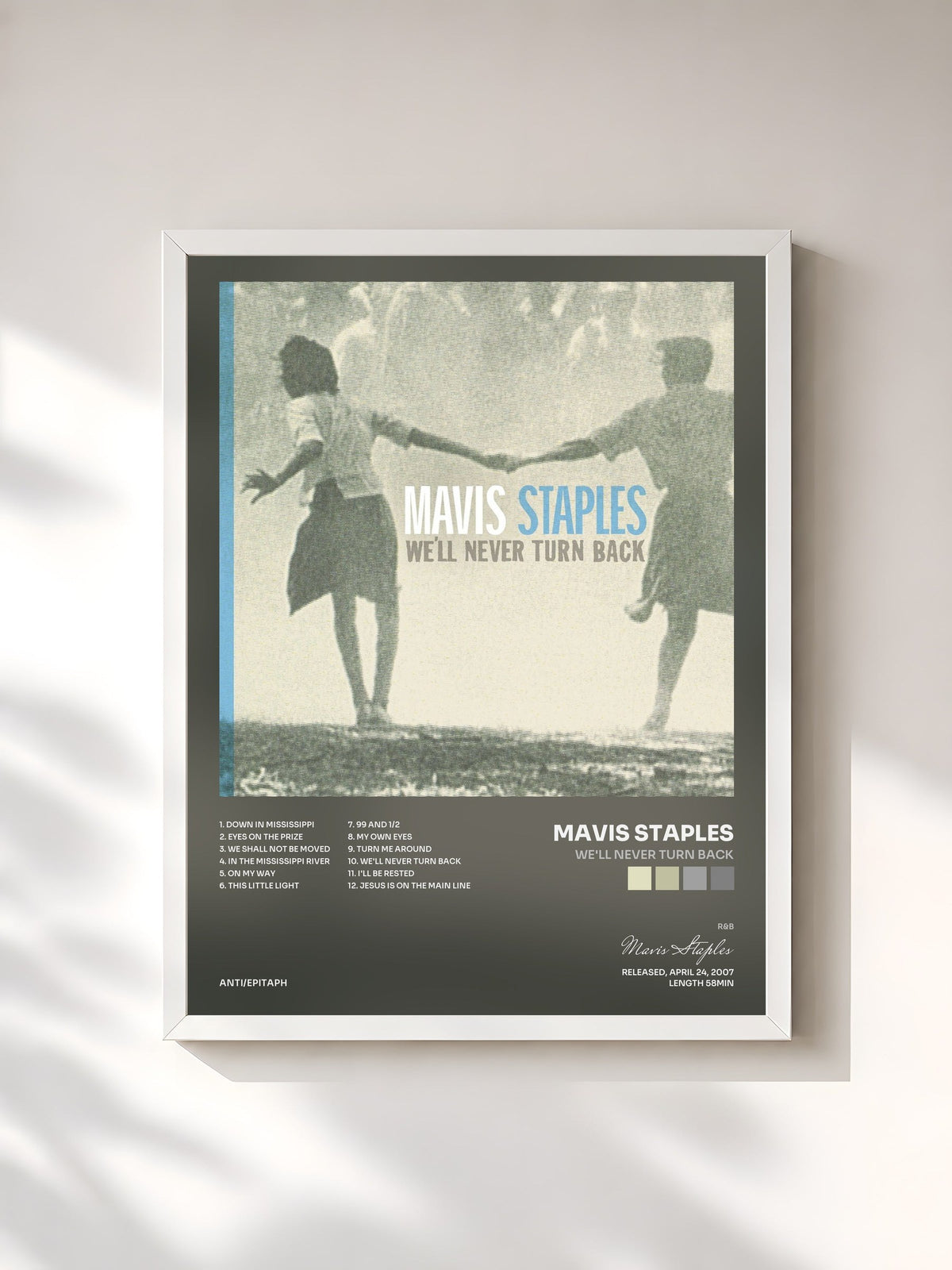#blanc Tableau de l'album We'll Never Turn Back de Mavis Staples, cadre blanc, imprimé et encadré en France
