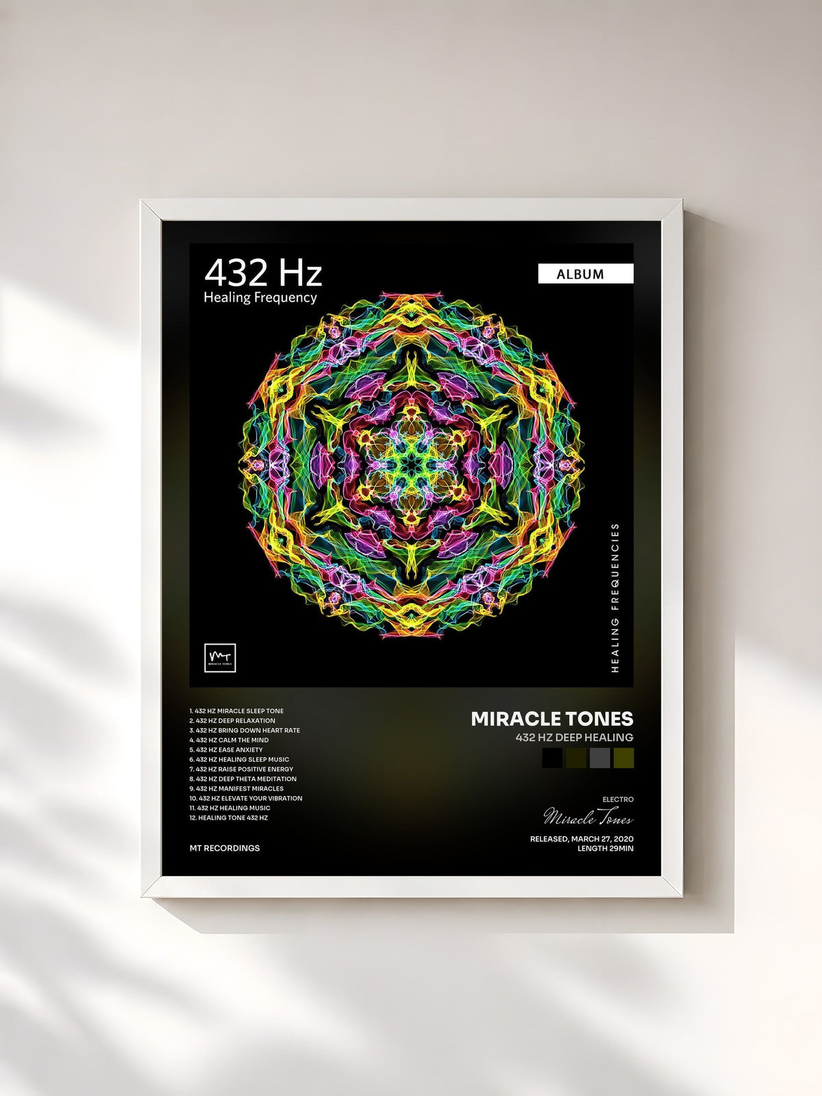#blanc Tableau de l'album 432 Hz Deep Healing de Miracle Tones, cadre blanc, imprimé et encadré en France