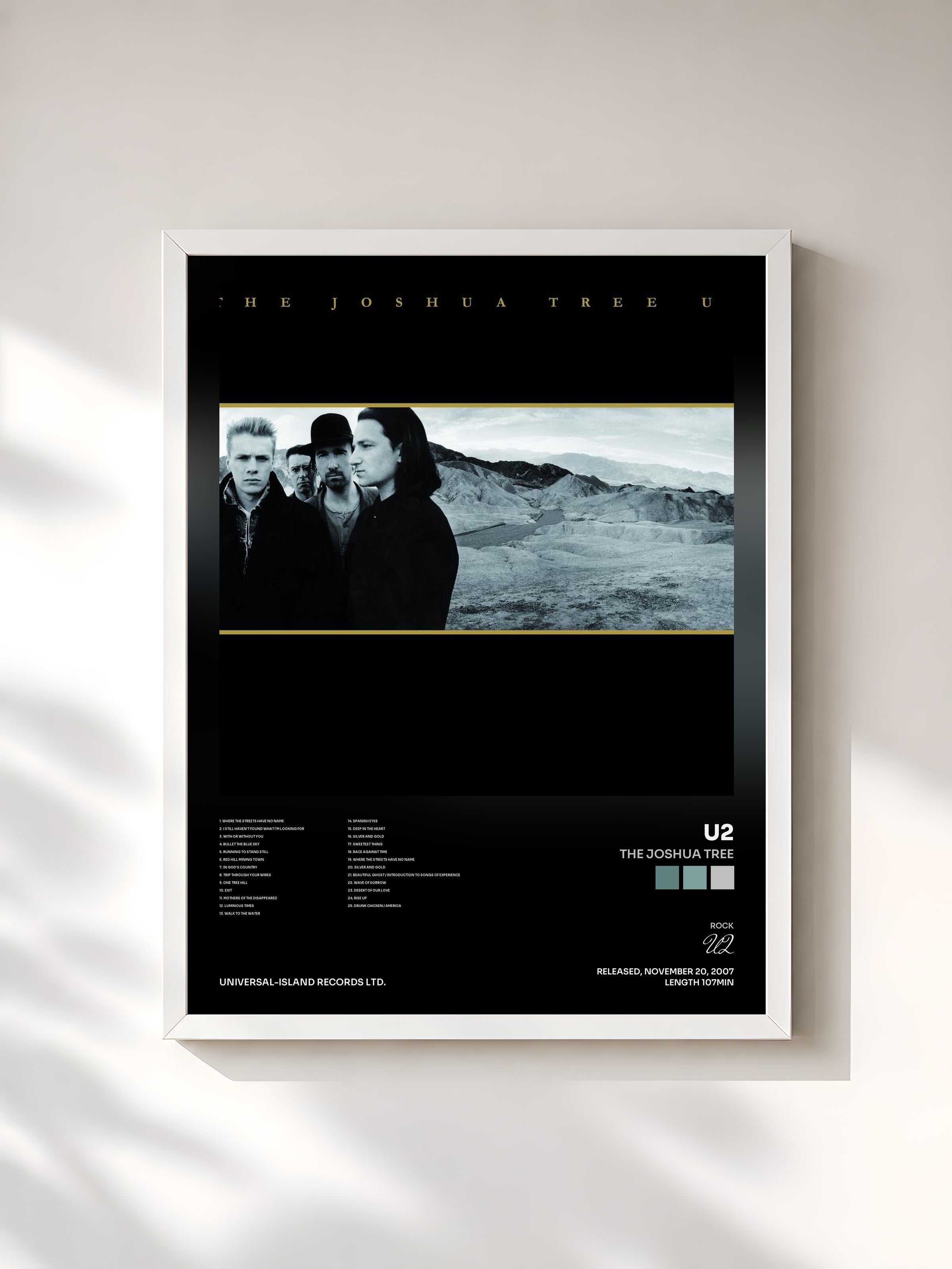 #blanc Tableau de l'album The Joshua Tree de U2, cadre blanc, imprimé et encadré en France