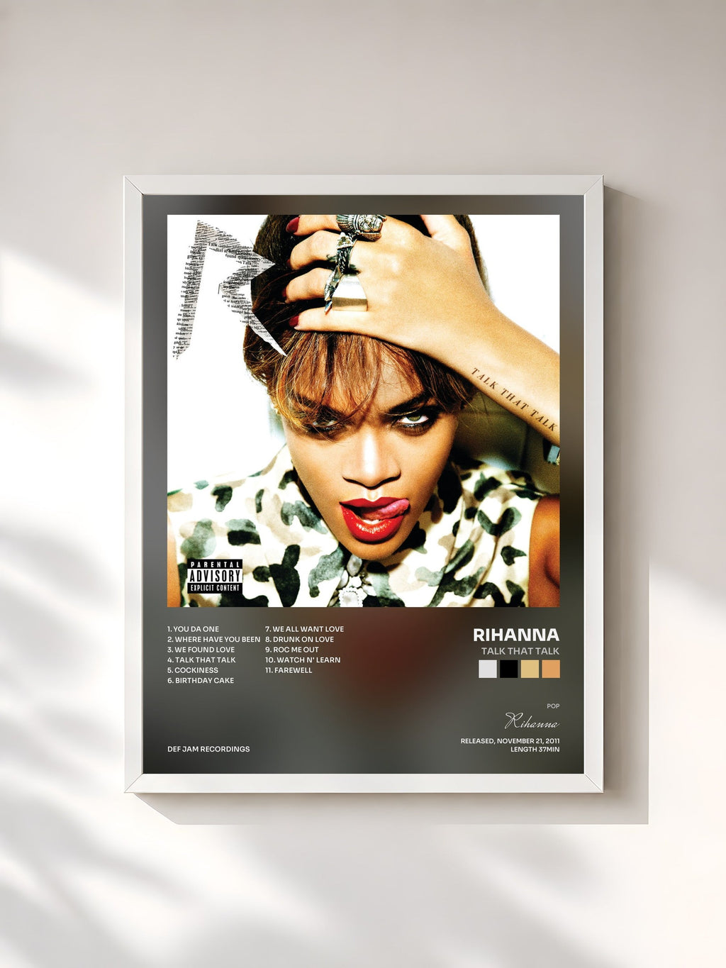 #blanc Talk That Talk by Rihanna as a framed art print, white frame, printed and framed in France