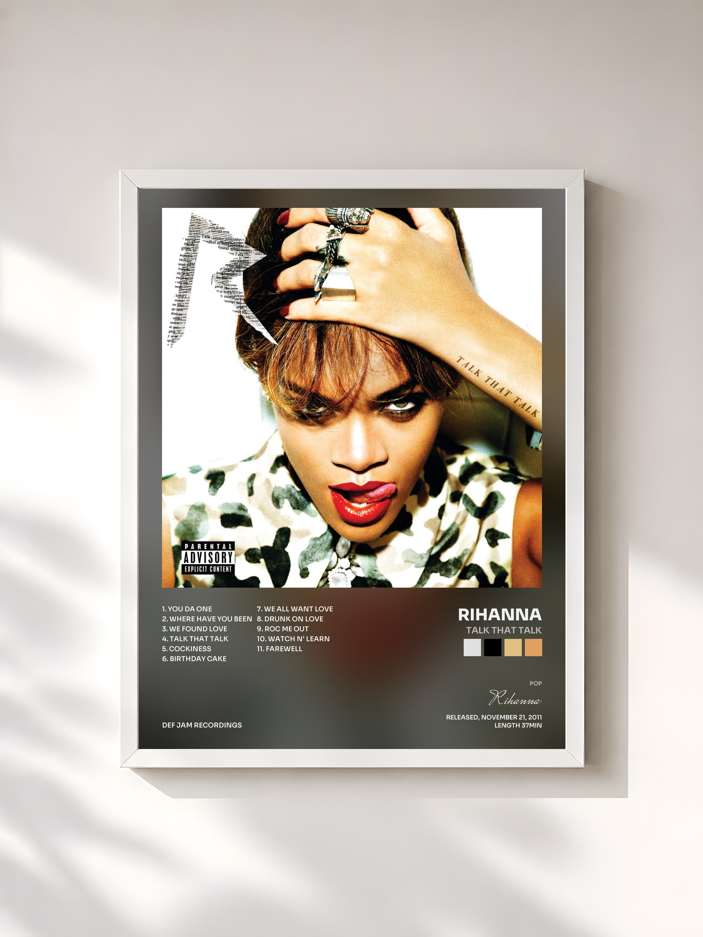 #blanc Tableau de l'album Talk That Talk de Rihanna, cadre blanc, imprimé et encadré en France