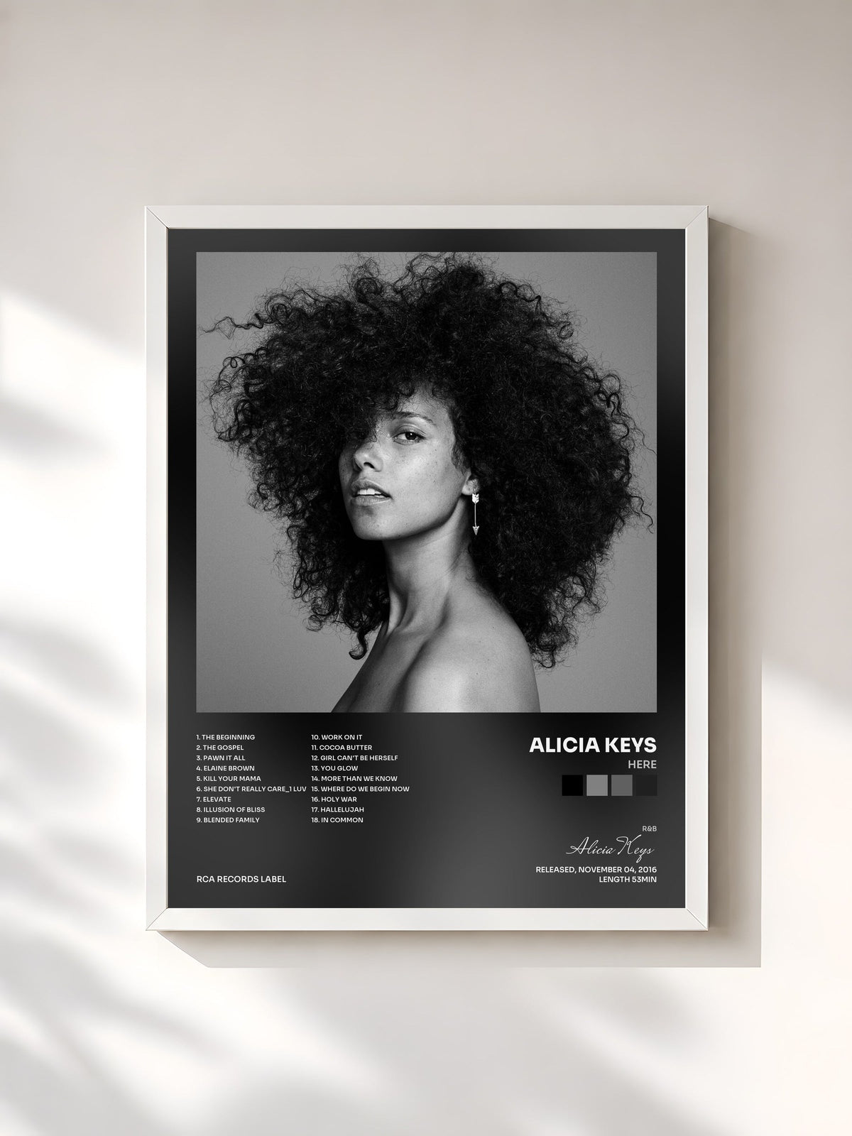 #blanc Tableau de l'album HERE de Alicia Keys, cadre blanc, imprimé et encadré en France