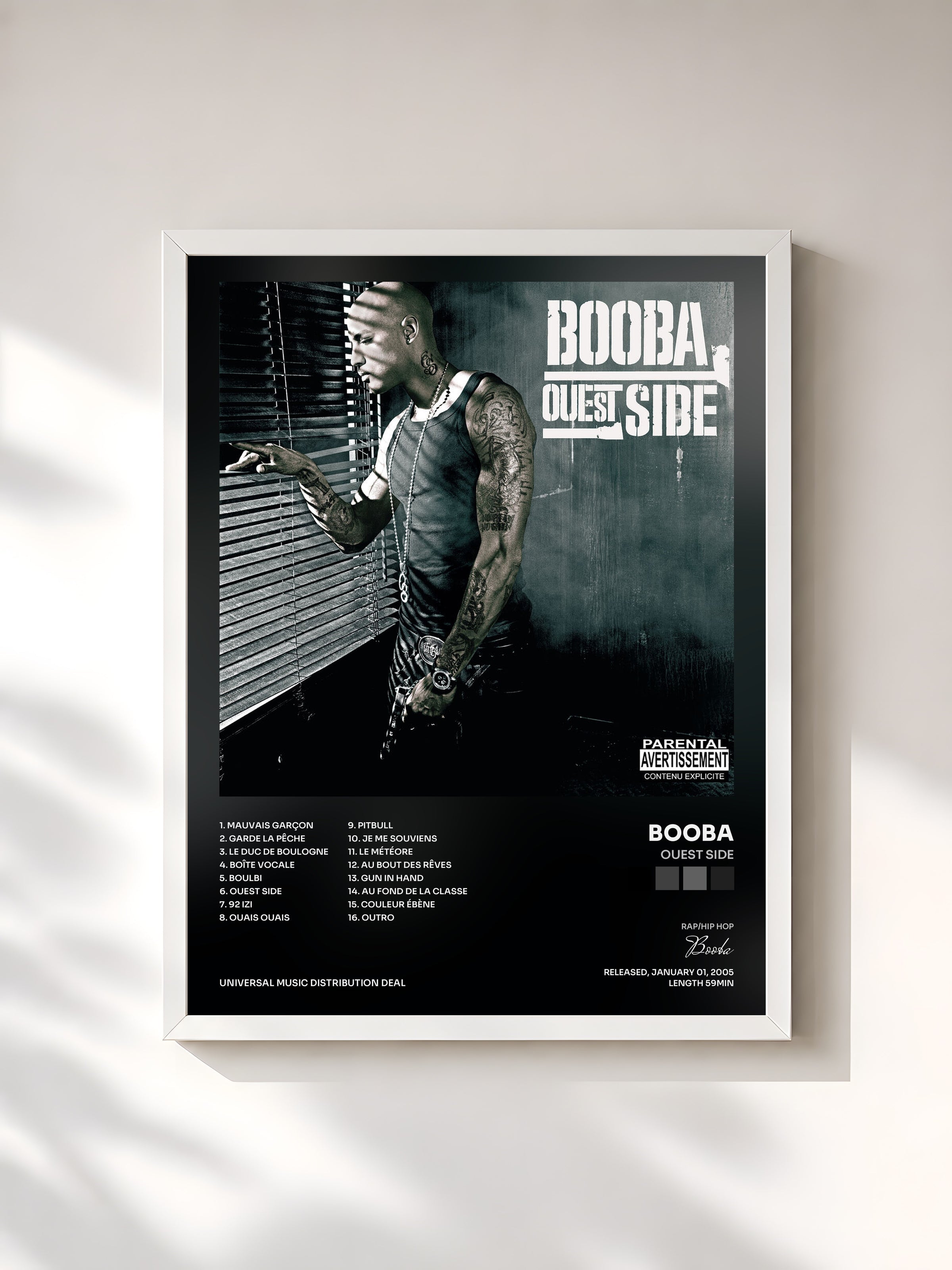 #blanc Tableau de l'album Ouest Side de Booba, cadre blanc, imprimé et encadré en France